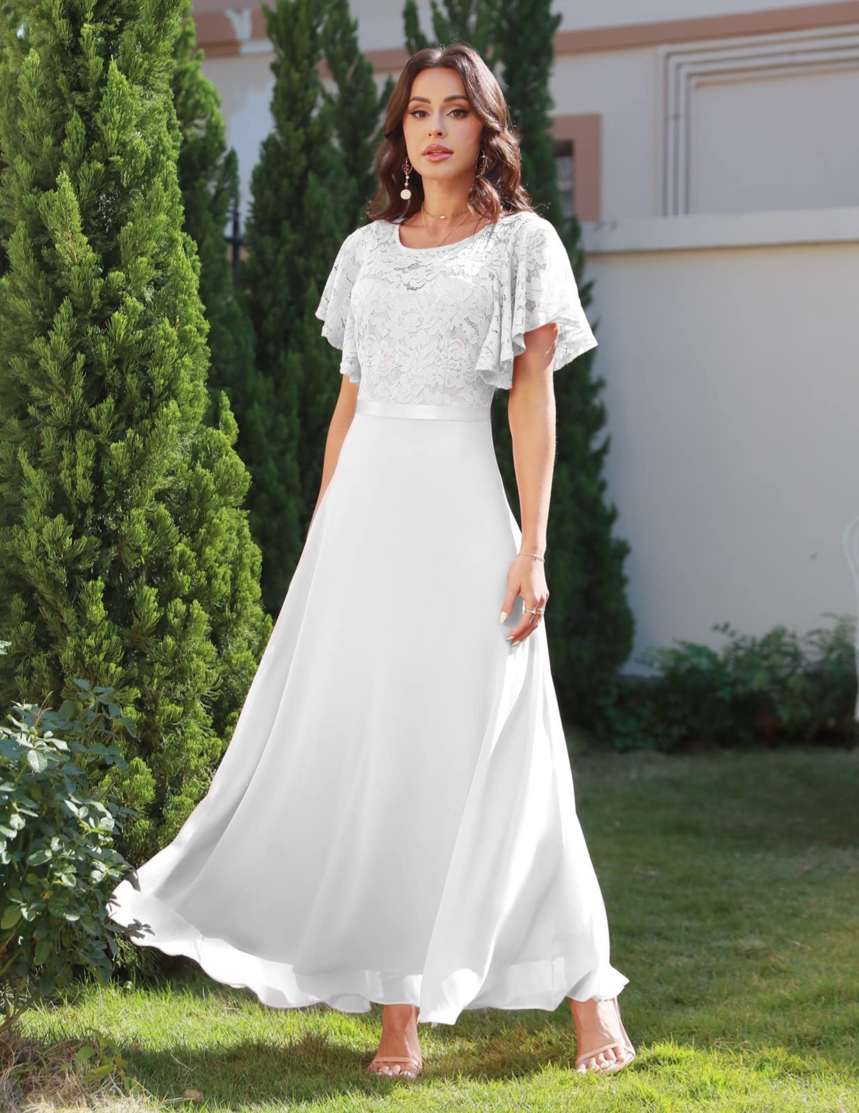DRESSTELLS Elegant Lace Wedding Guest Dress - V-Neck Empire Waist Formal Gown for Bridesmaid, Prom & Evening Party 2025 | Perfect for Weddings, Galas & Special Occasions