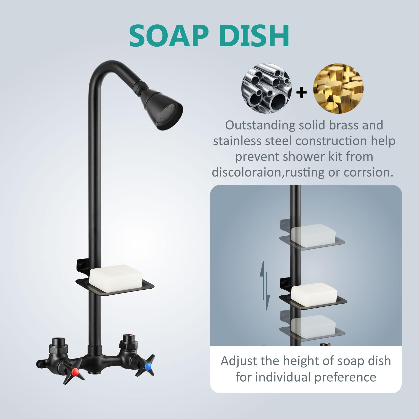 Aolemi Matte Black Outdoor Shower Kit with Brass Showerhead - Double Handle Exposed Faucet System, 6 Inch Center Brass Mix Valve & Soap Dish - Perfect for Backyard, Poolside, and Garden Shower Areas