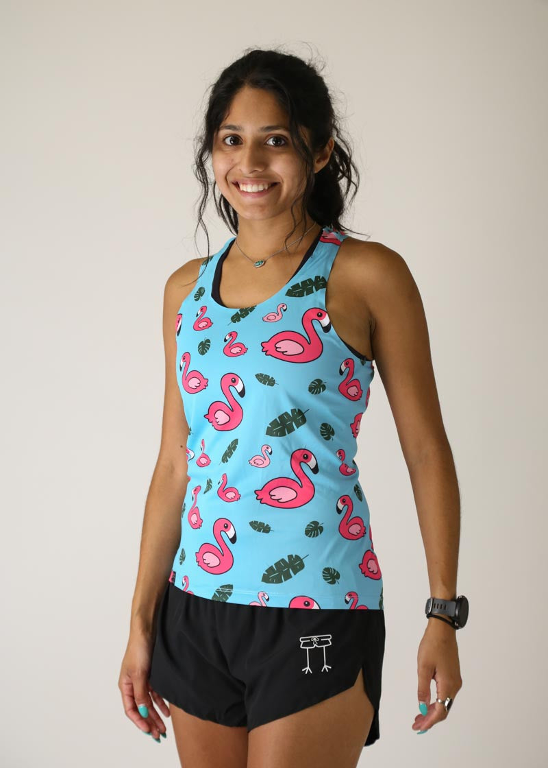 Women's Blue Flamingo Performance Singlet - Breathable Workout Tank Top for Running & Gym - Trendy Athletic Wear for Women's Fitness & Active Lifestyle