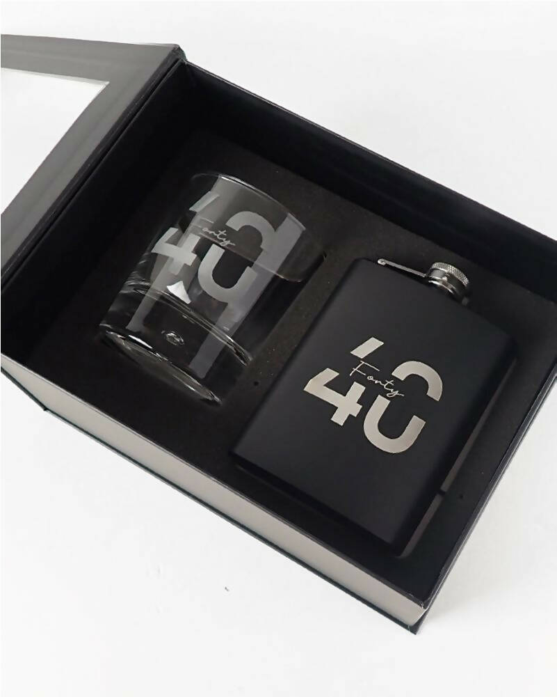 40th Birthday Gift Set - Personalized Engraved Black Stainless Steel Hip Flask & Scotch Whiskey Glass - Perfect for Men's Milestone Celebrations, Parties & Gifts