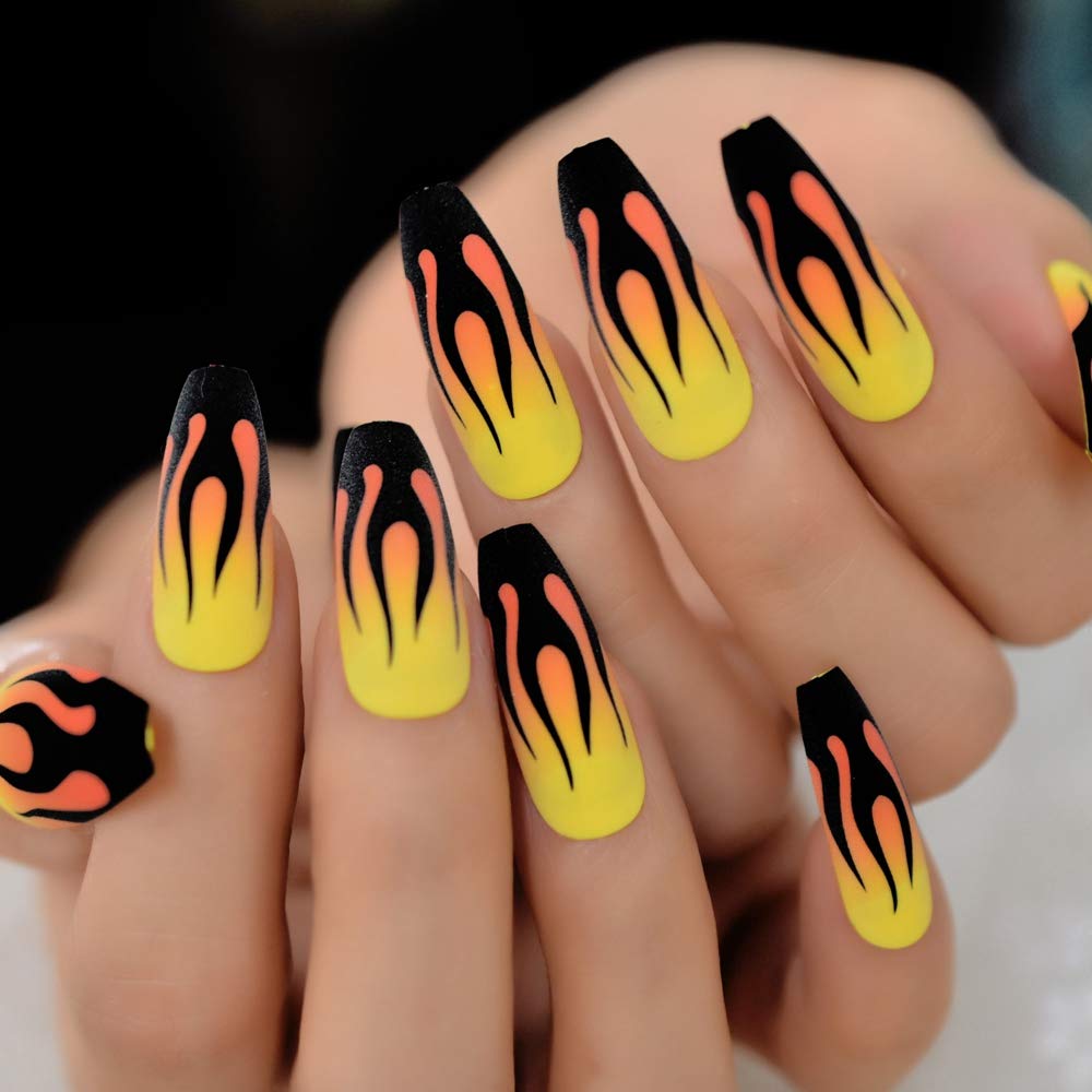 CoolNail Fire Matte Black & Yellow Press-On False Nails - Extra Long Coffin Ballerina Style with Frosted Finish & Free Adhesive Tabs - Perfect for Parties, Weddings, and Special Occasions