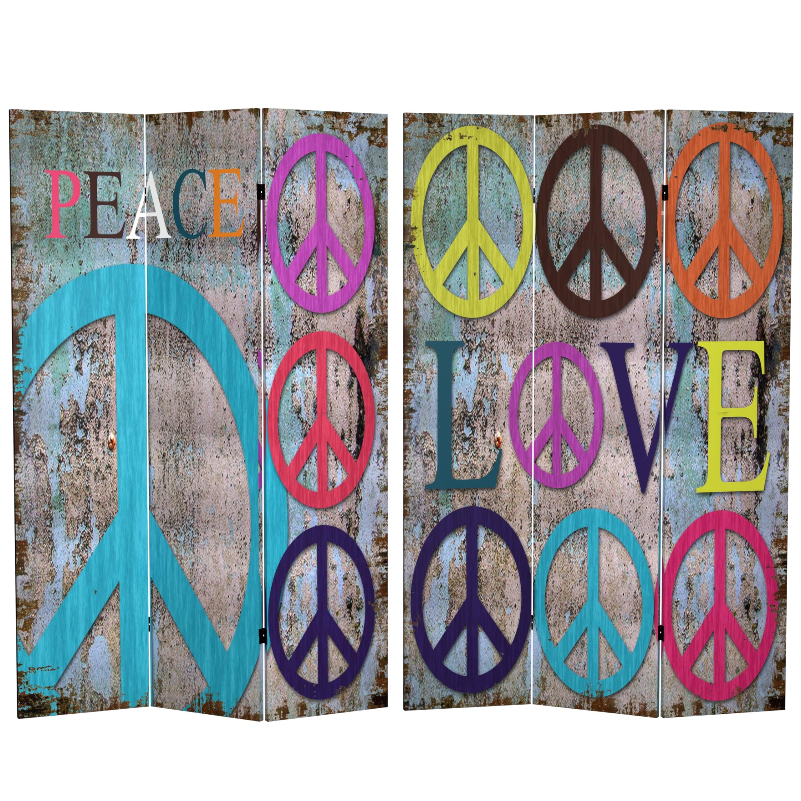 6 ft. Tall Double Sided Red Lantern Room Divider with Multi-Color Peace & Love Design - 3 Panel Folding Screen for Bedroom, Living Room, and Event Decor
