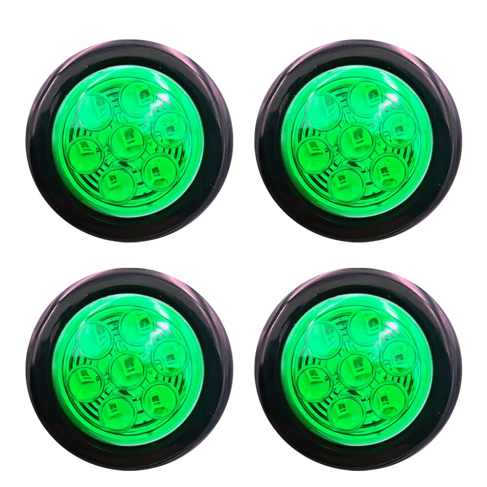 4 Pack 2 Inch Green LED Clearance Lights - Round Side Marker Lamps for Trucks, Trailers, Tractors & Buses (12V) - Durable Waterproof Design for Night Driving & Vehicle Safety