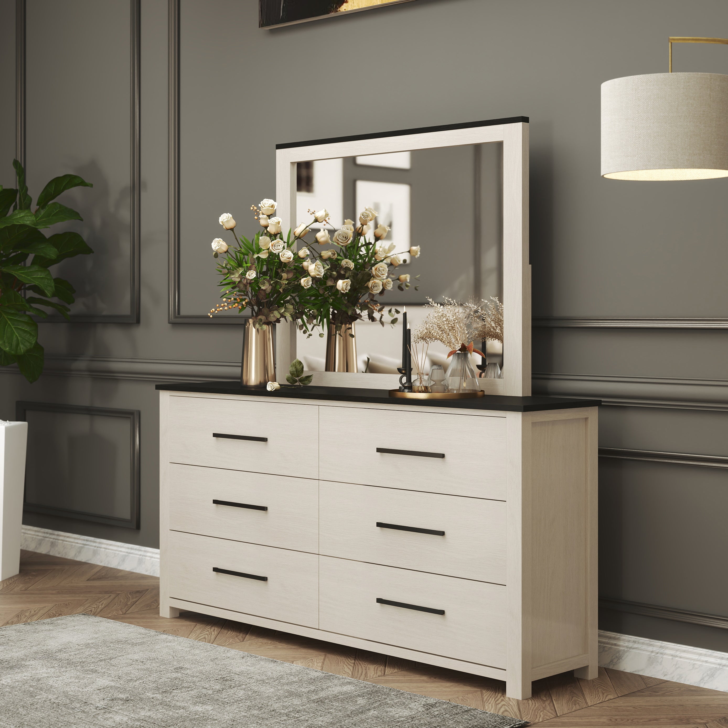 Roundhill Furniture Realynn 6-Drawer Bedroom Dresser with Mirror, Off White Finish - Stylish Storage Solution for Bedroom, Closet & Nursery Organization