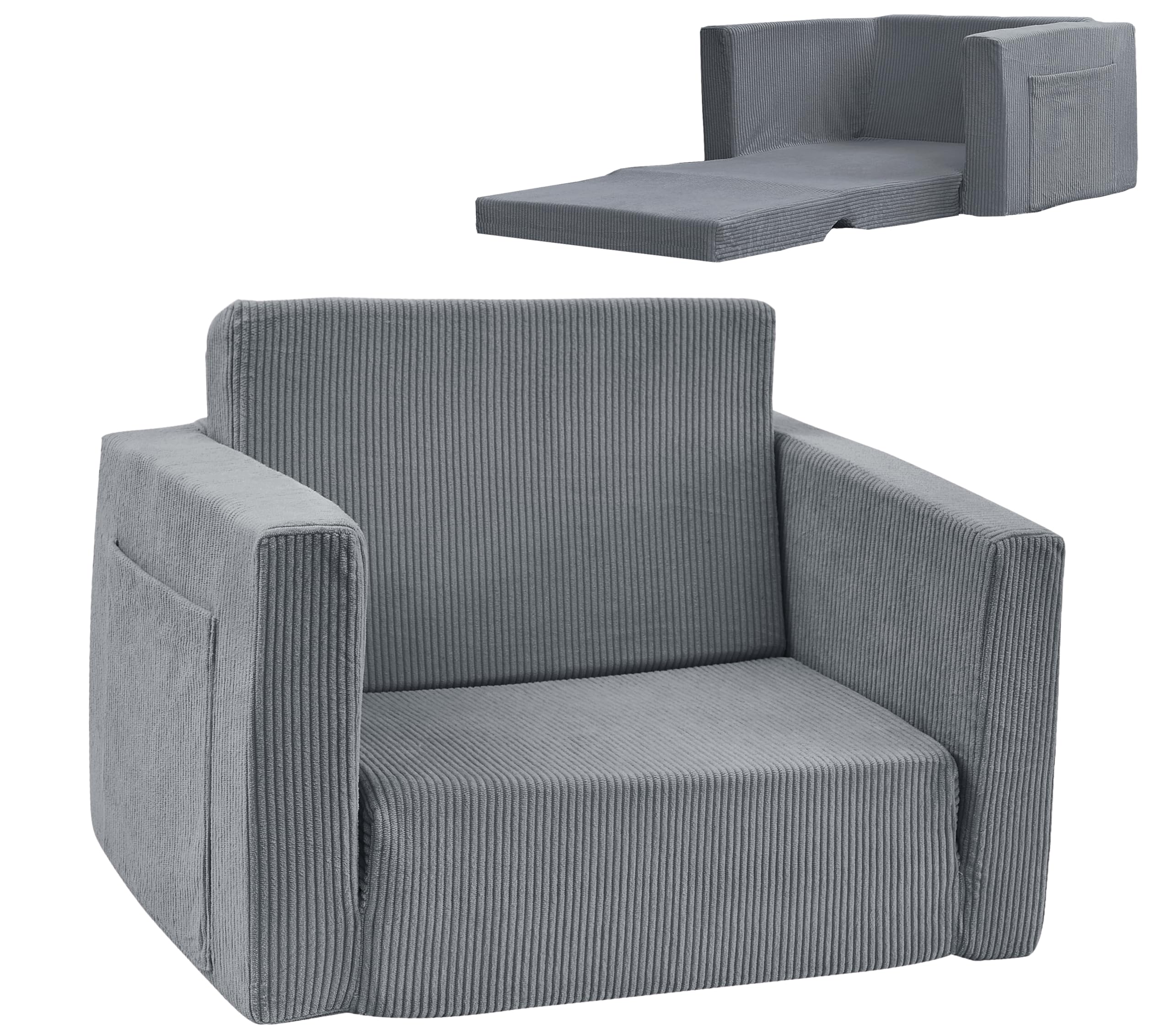 Kids Folding Sofa Chair - Foam Filled Toddler Lounge Chair with Soft Corduroy Cover - Comfortable Bean Bag Couch for Boys & Girls (Dark Grey, Ages 1-3) - Perfect for Playrooms, Bedrooms & Reading Nooks