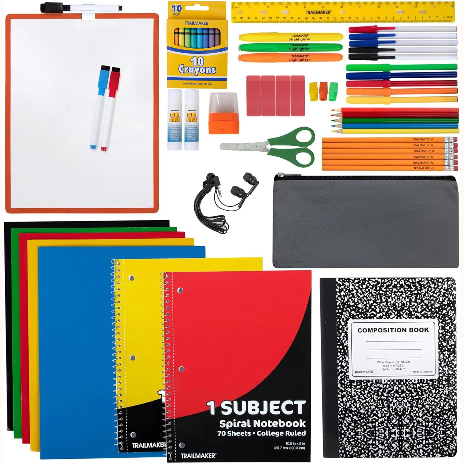 Trail Maker 12-Pack 60-Piece Bulk Back to School Supplies Kit for Kids - Includes Notebooks, Folders, Headphones, Ruler & More - Perfect for Classroom, Homeschool & School Organization
