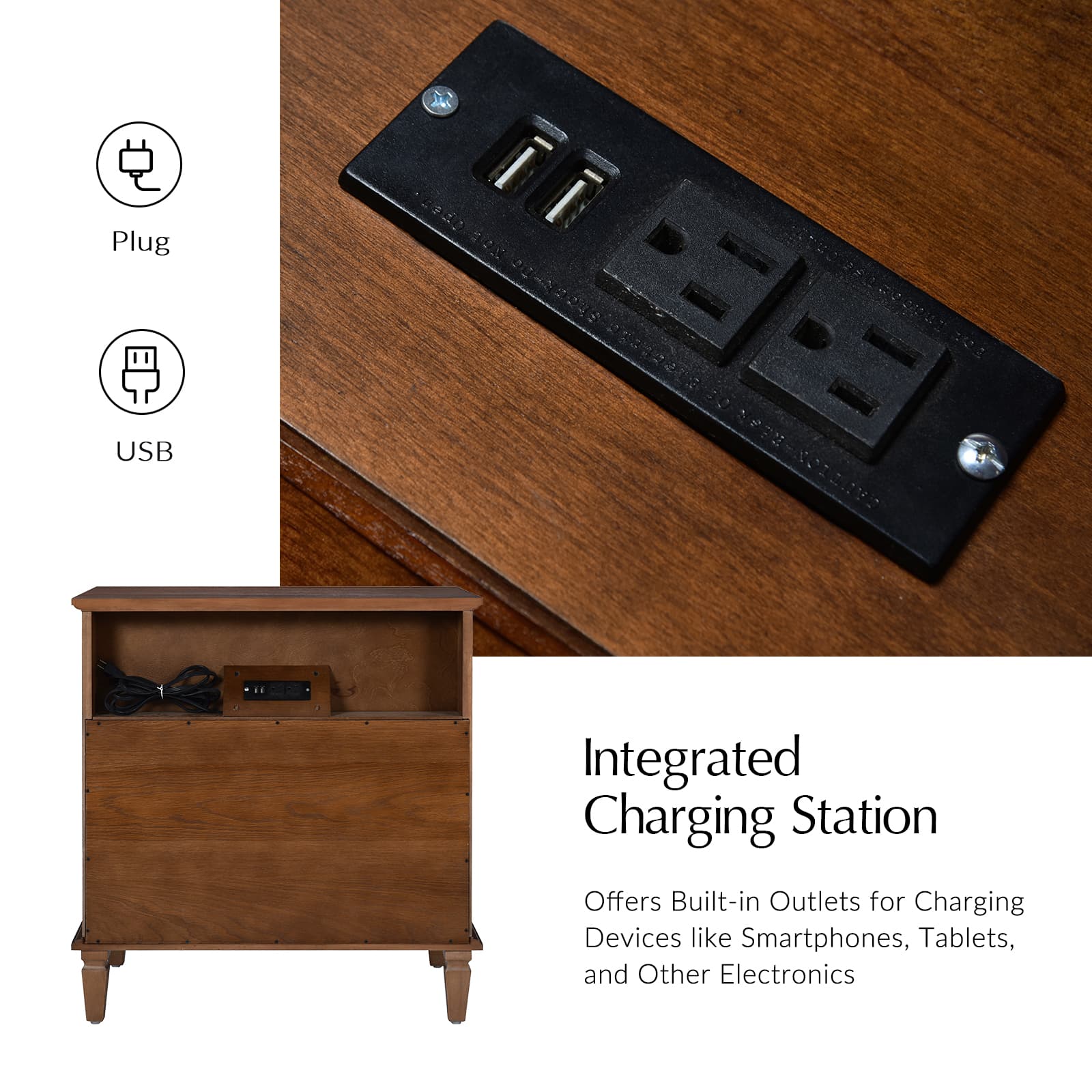 Isidro Accent Chest of Drawers with USB Charging Station - Modern Bedroom Dresser with 3 Drawers & Built-in Power Outlets - Perfect for Bedside Storage & Device Charging in Home, Office or Dorm Room