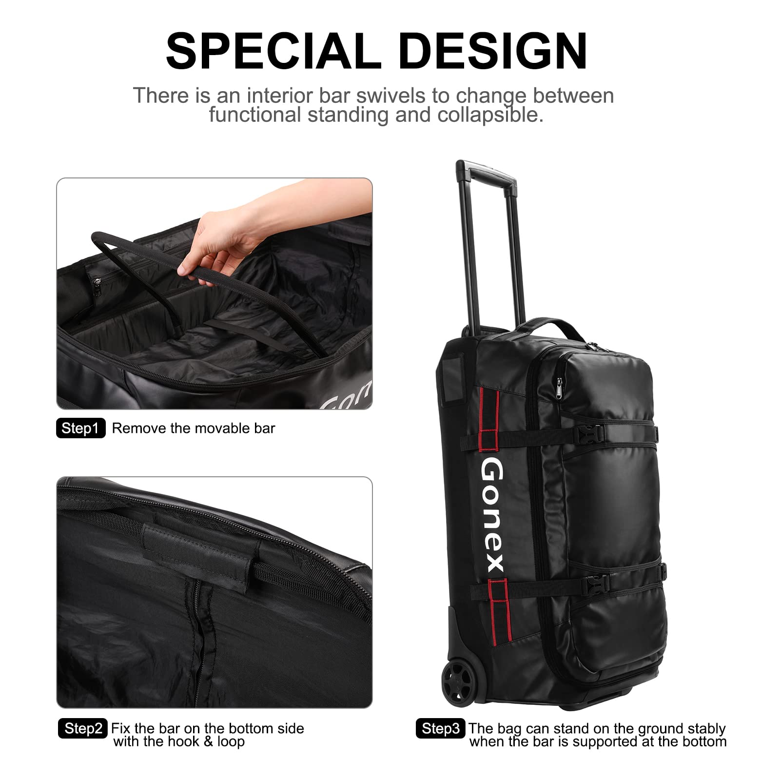 Gonex 70L Waterproof Rolling Duffle Bag with Wheels - 25 Inch Wheeled Travel Luggage for Camping, Gym & Air Travel | Black