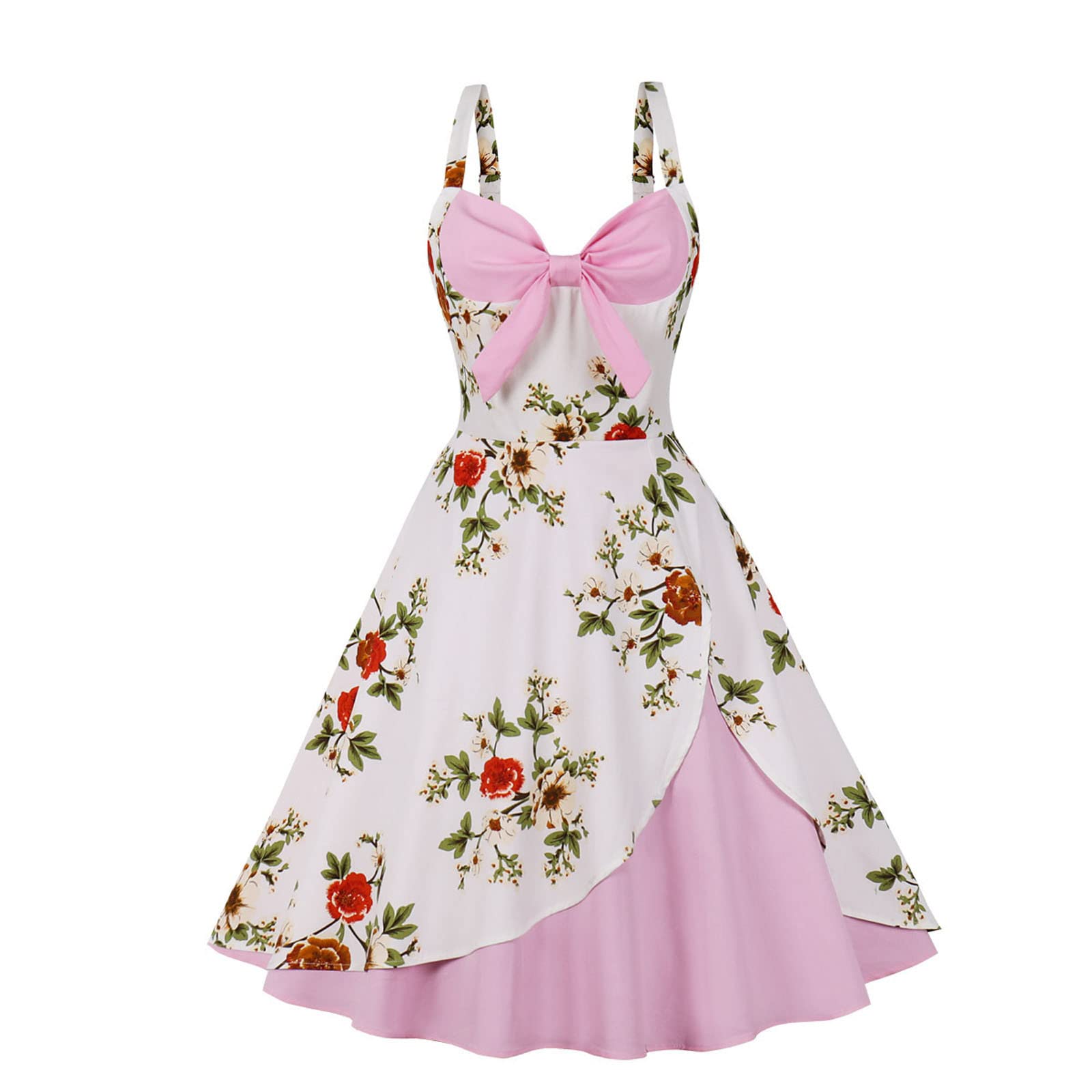 Vintage Rockabilly Women's Swing Dress with Floral Bow - Retro Contrast Panel Tea-Length Cocktail Dress for Wedding Guest, Prom, Party & Special Occasions