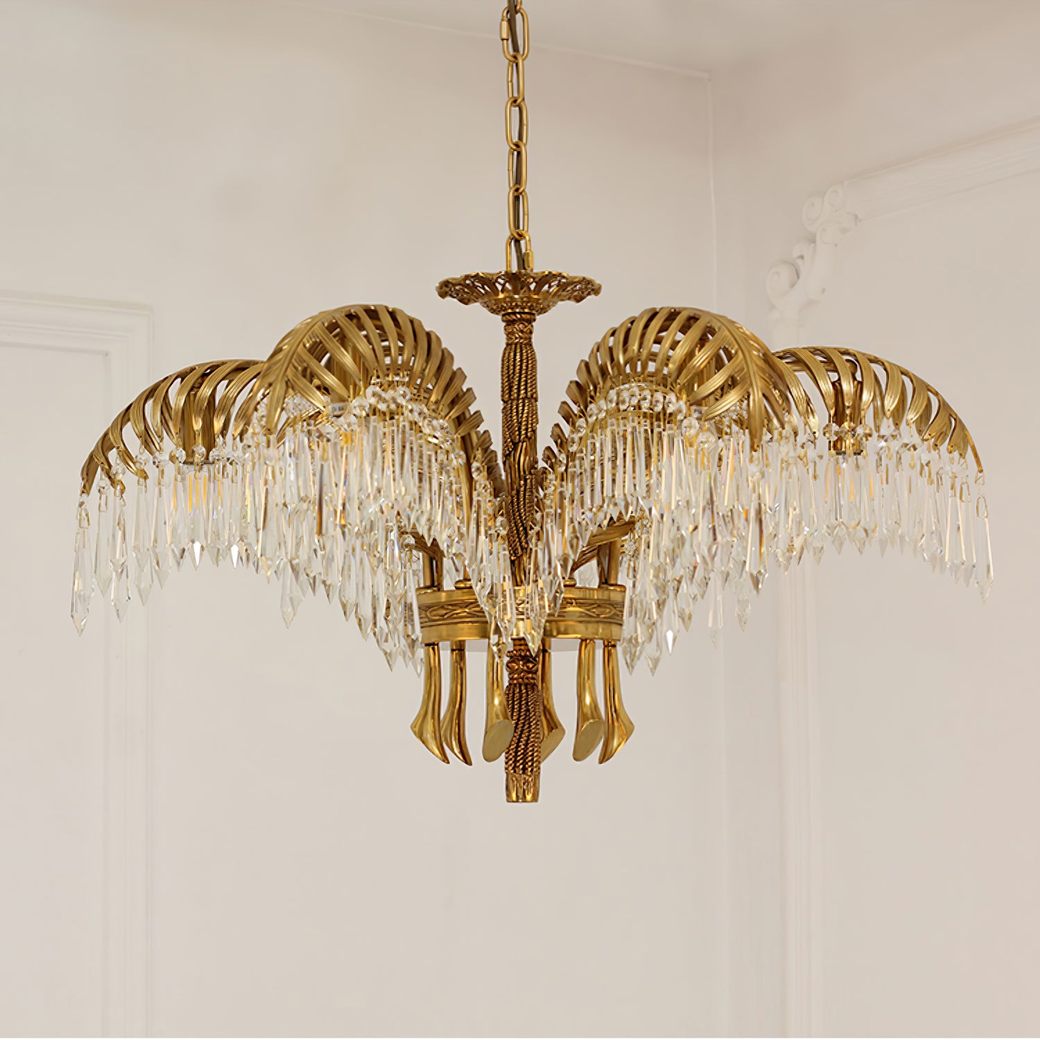 Elegant Brass Palm Leaf Crystal Chandelier - Modern Ceiling Light Fixture for Dining Room, Living Room & Bedroom Decor