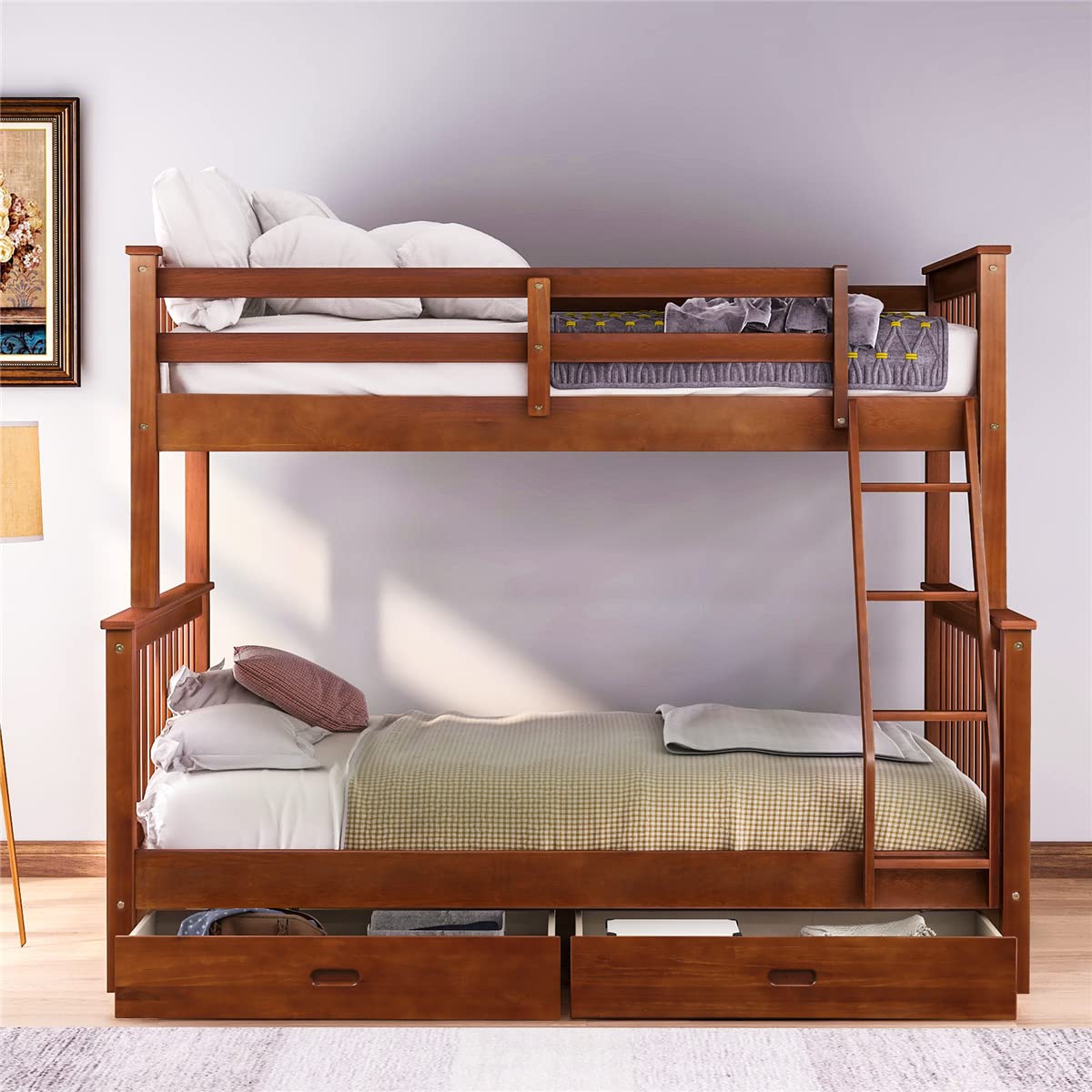 Wood Twin Over Full Bunk Bed with 2 Drawers & Ladder - Convertible to 2 Beds for Kids' Room