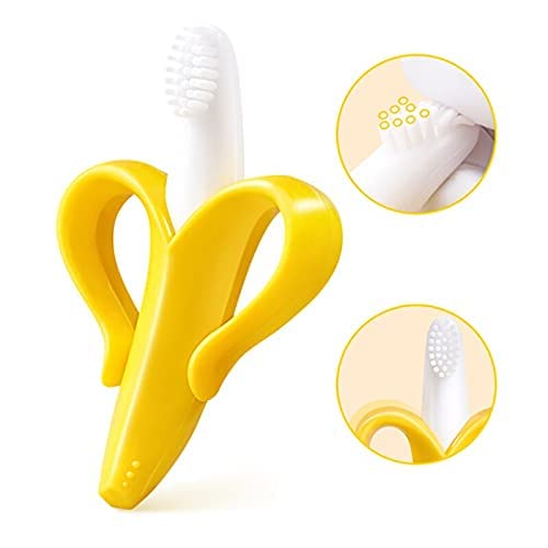 Syga Baby Banana Training Toothbrush and Teether - Soft Silicone Infant Toothbrush for Teething Babies (Yellow) | Perfect for Soothing Sore Gums & Early Dental Care