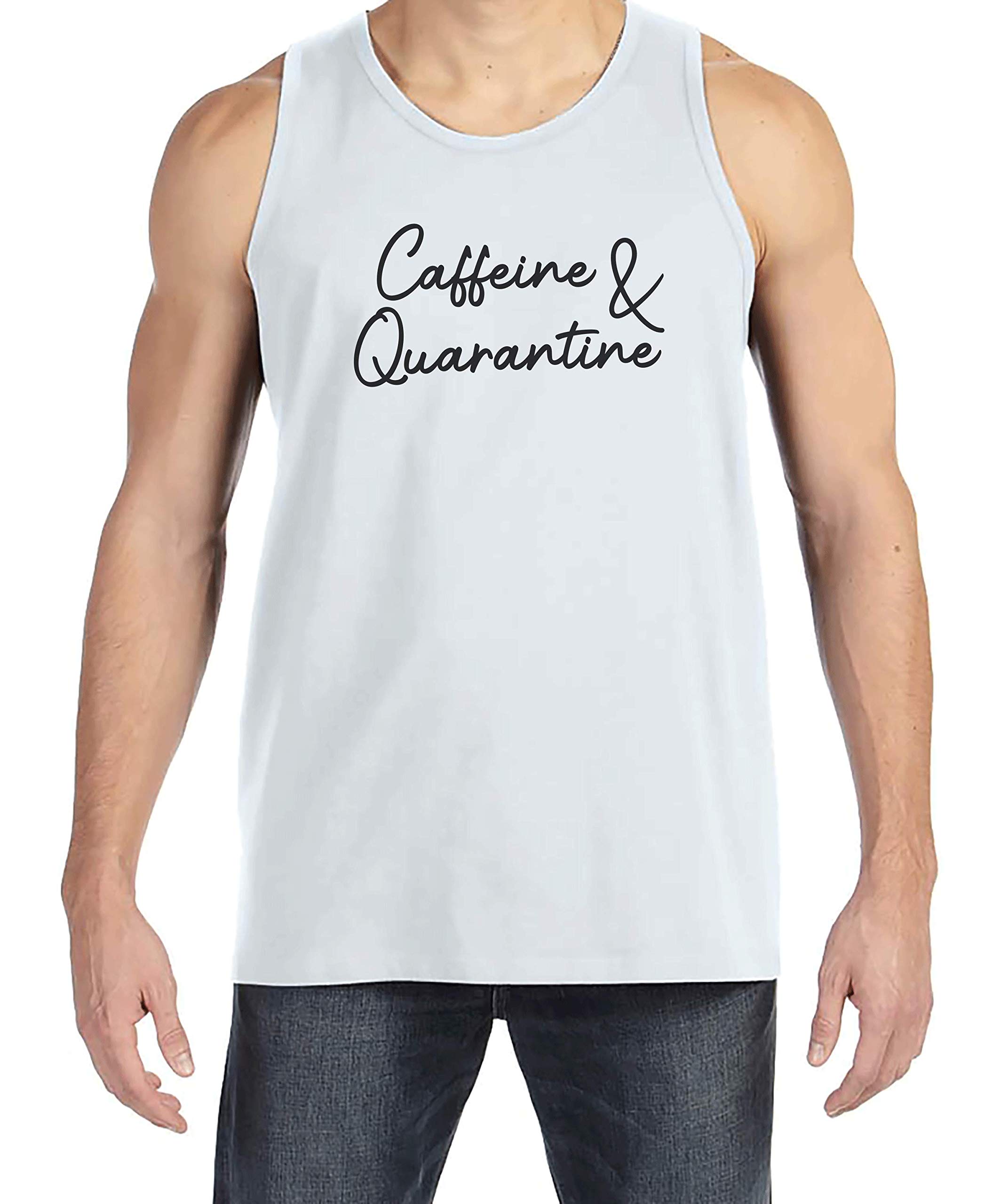 7 ate 9 Apparel Men's Caffeine & Quarantine Slogan White Tank Top - Soft Cotton Muscle Tee for Gym, Workout & Casual Wear