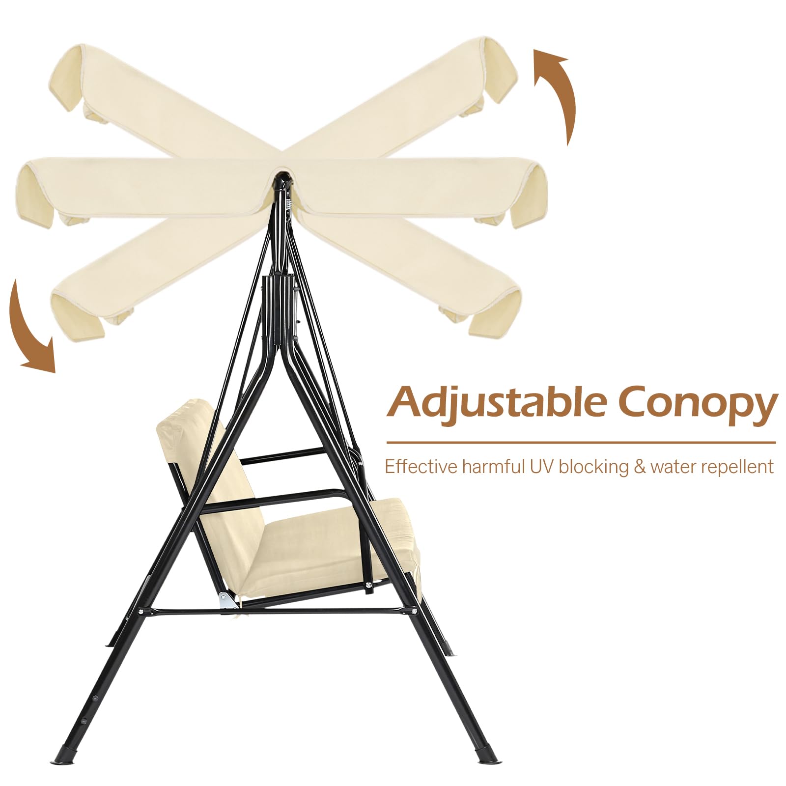 AECOJOY 3-Seat Outdoor Patio Swing Chair with Adjustable Canopy & Removable Cushion - Heavy Duty Porch Swing Bench for Adults - Perfect for Backyard, Garden, Poolside, Balcony or Deck Relaxation (Beige) | Ideal for Lounging, Reading & Enjoying Outdoor Breezes
