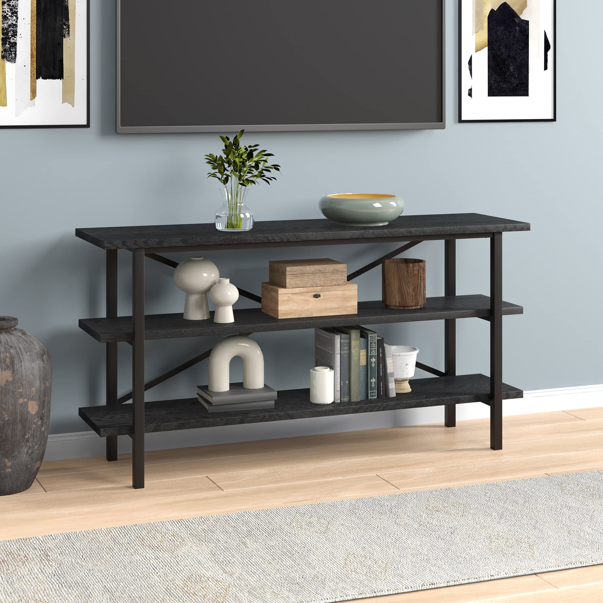 Holloway 65 Inch TV Stand - Modern Rectangular Entertainment Center with Black Wood Grain Finish for Living Room, Bedroom & Home Theater