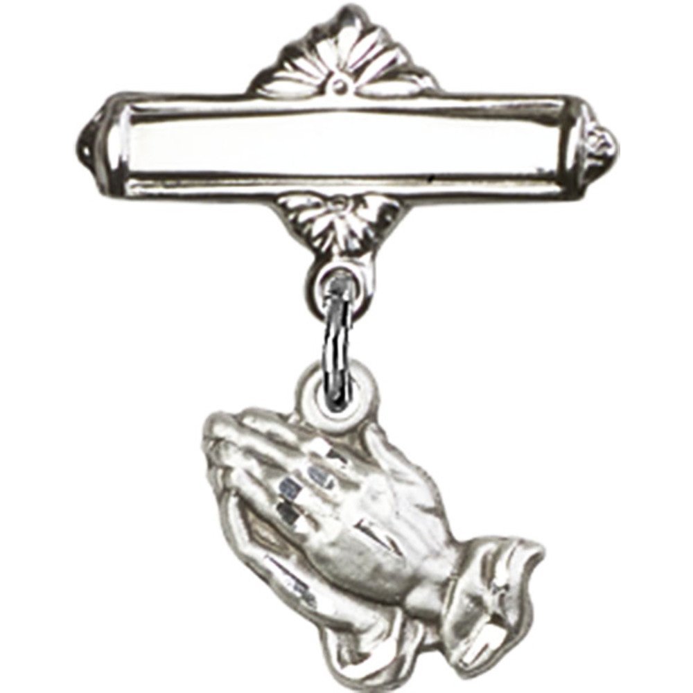Bonyak Jewelry Saint Medal Collection - Sterling Silver Baby Badge with Praying Hands Charm & Polished Pin (7/8