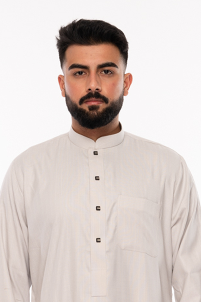 Grey Square Buttoned Thobe for Men - Traditional Islamic Robe with Stylish Design - Perfect for Prayer, Eid, and Special Occasions