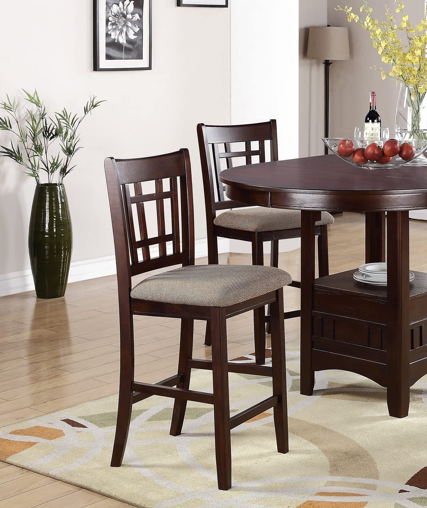 2-Piece Solid Wood Counter Height Dining Chairs with Upholstered Cushions - Brown Wooden Bar Stools for Kitchen Island, Breakfast Nook & Small Space Dining