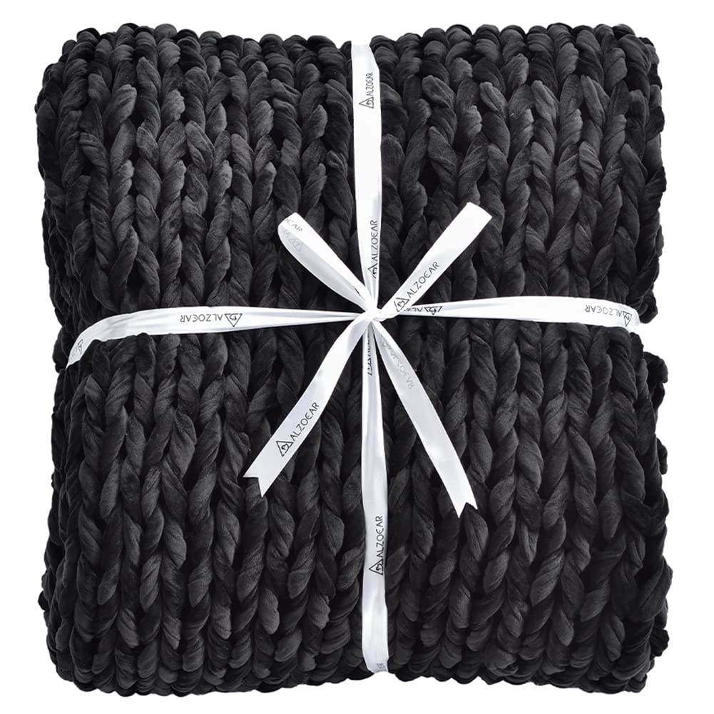Handmade Chunky Knitted Weighted Blanket - 10lbs Velvet Knit Throw for Sleep & Relaxation - Evenly Distributed Weight, No Filler, Ultra Soft & Cozy (Black, 40