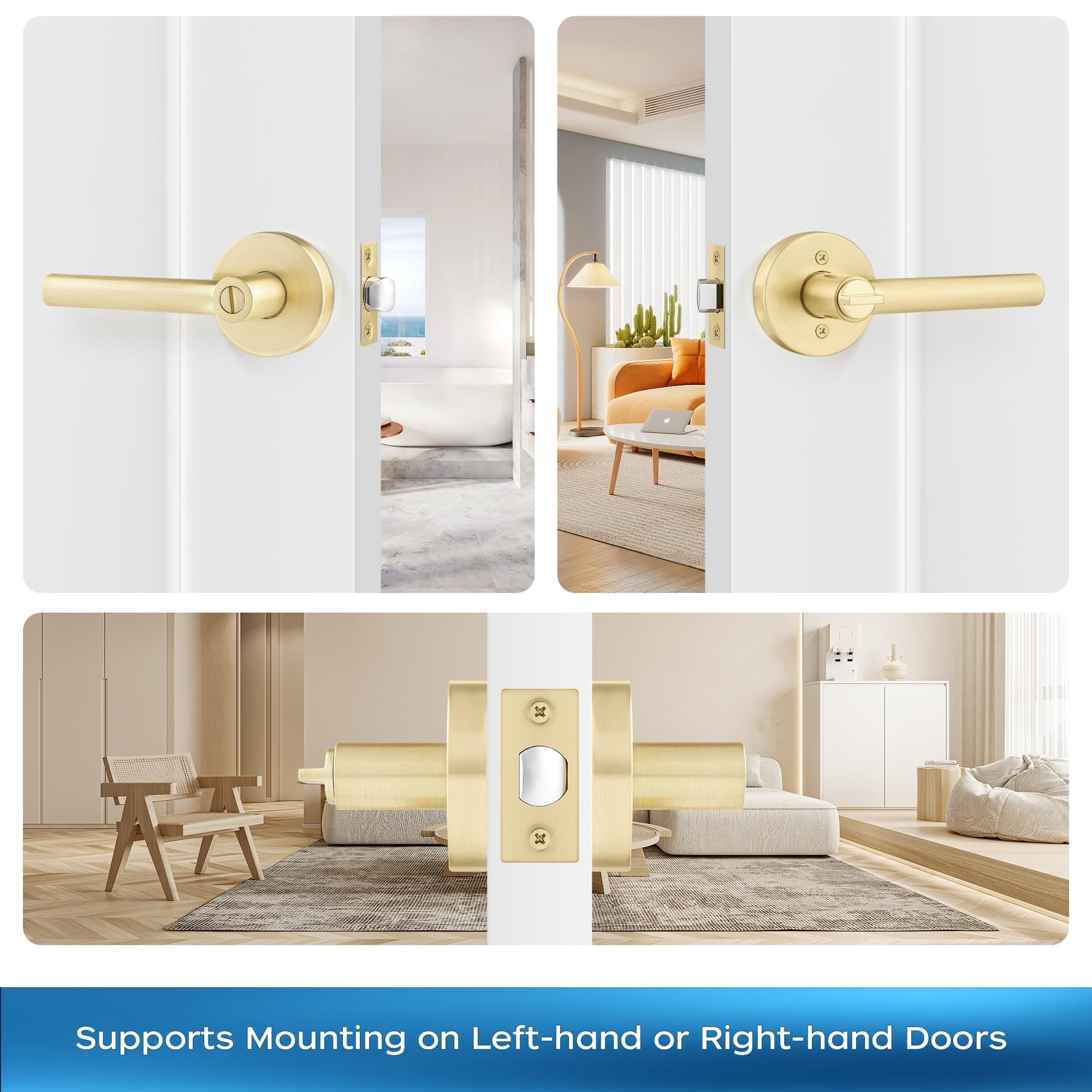 Leydebong 4 Pack Gold Privacy Door Handles - Bed & Bath Lever Door Locks (Left/Right Handed) in Satin Brass Finish - Perfect for Bedrooms, Bathrooms & Interior Doors