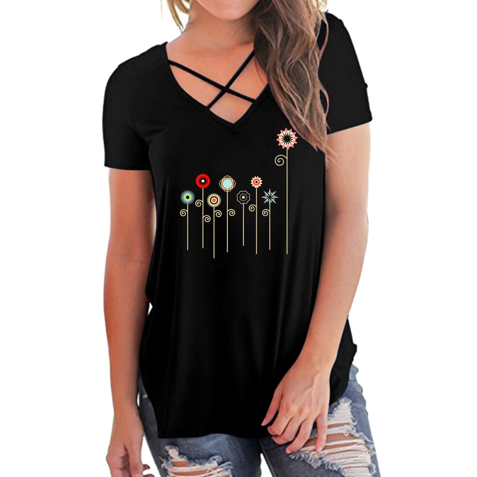 Women's Summer Casual Criss Cross V-Neck Short Sleeve Tunic T-Shirt - Cute Printed Blouse & Tops for Everyday Wear | Perfect for Beach, Shopping, and Casual Outings