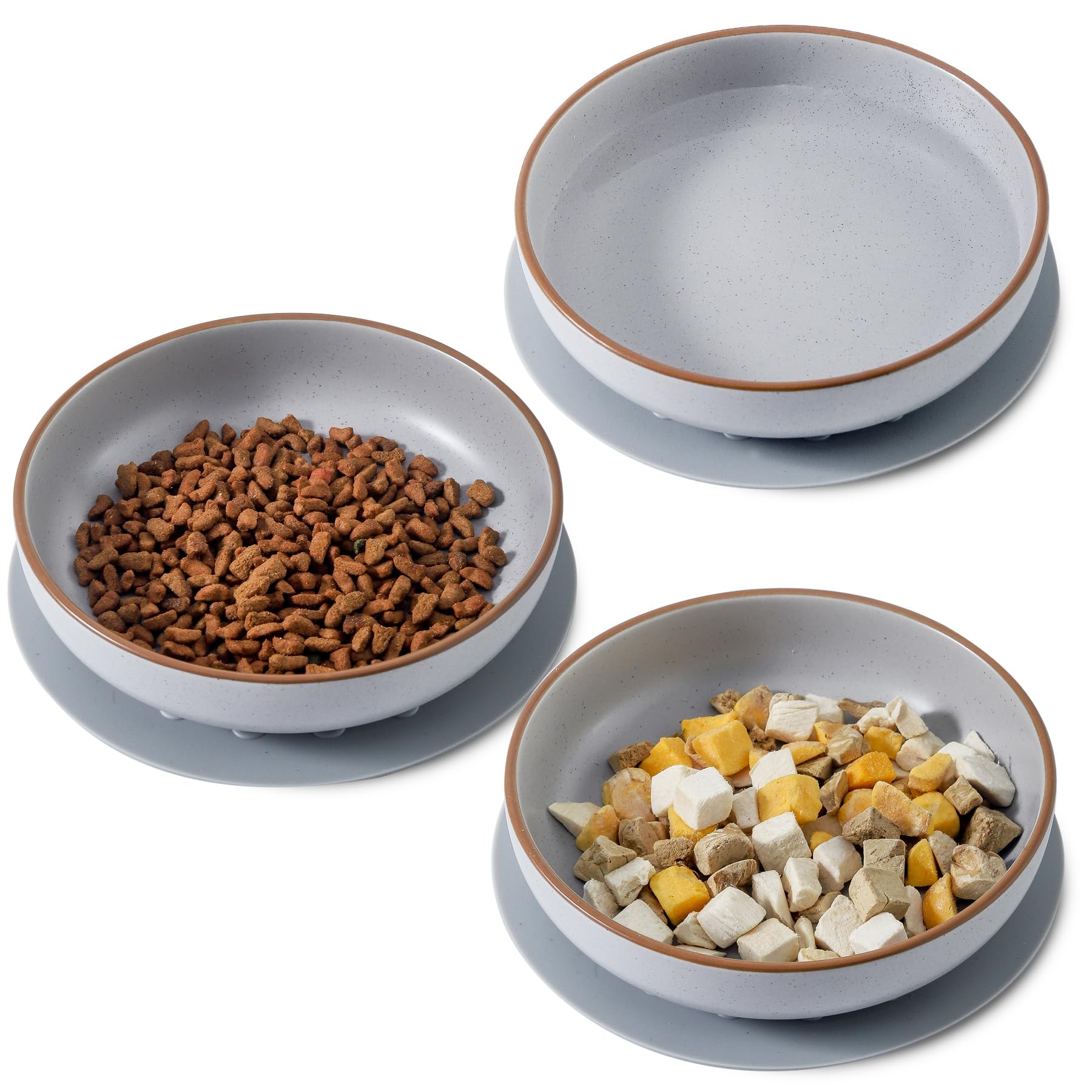 Howise 6 Inch Ceramic Cat Bowls with Non-Slip Mat - 3 Piece Set for Food & Water | Wide Shallow Whisker-Friendly Cat Dish | Durable Pet Bowl for Indoor Cats & Kittens (Grey) | Perfect for Mealtime, Hydration & Stress-Free Feeding