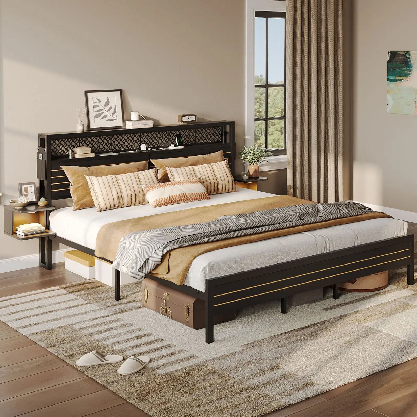 Bestier King Size Bed Frame with Horizontal Golden Stripe Storage Headboard - Modern Platform Bed with Underbed Storage Space - Perfect for Master Bedroom, Guest Room & Small Space Living
