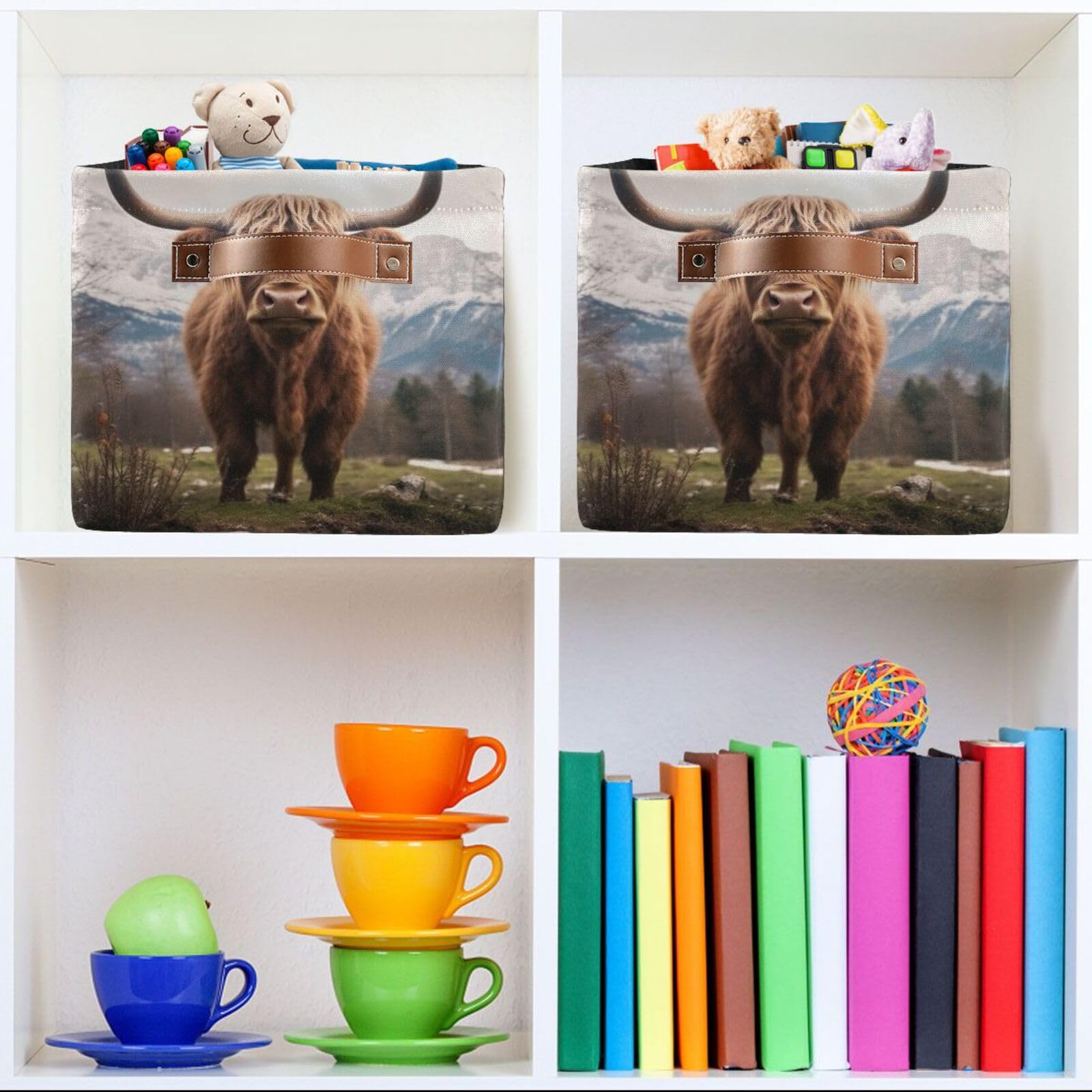 Highland Cows Foldable Storage Baskets - 2 Pack Rectangle Canvas Fabric Organizer Boxes with Handles for Clothes, Home & Office Organization | Perfect for Closet Shelves, Bedroom Decor and Laundry Storage