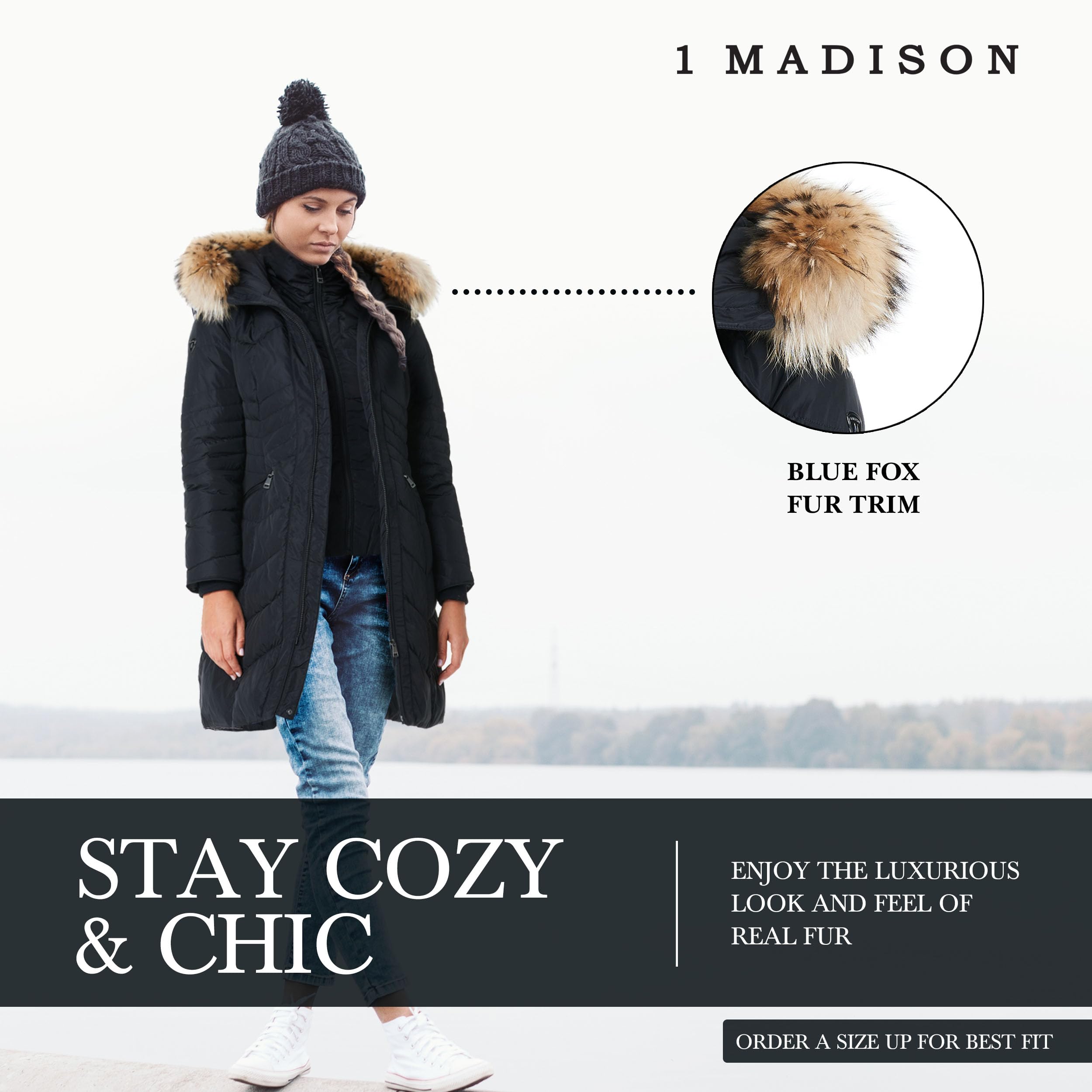 One Madison Women's Nylon Down Winter Coat with Genuine Fur Trim - Warm Hooded Puffer Jacket for Cold Weather | Winter Fashion, Outdoor Activities, Snow Sports, Daily Commute