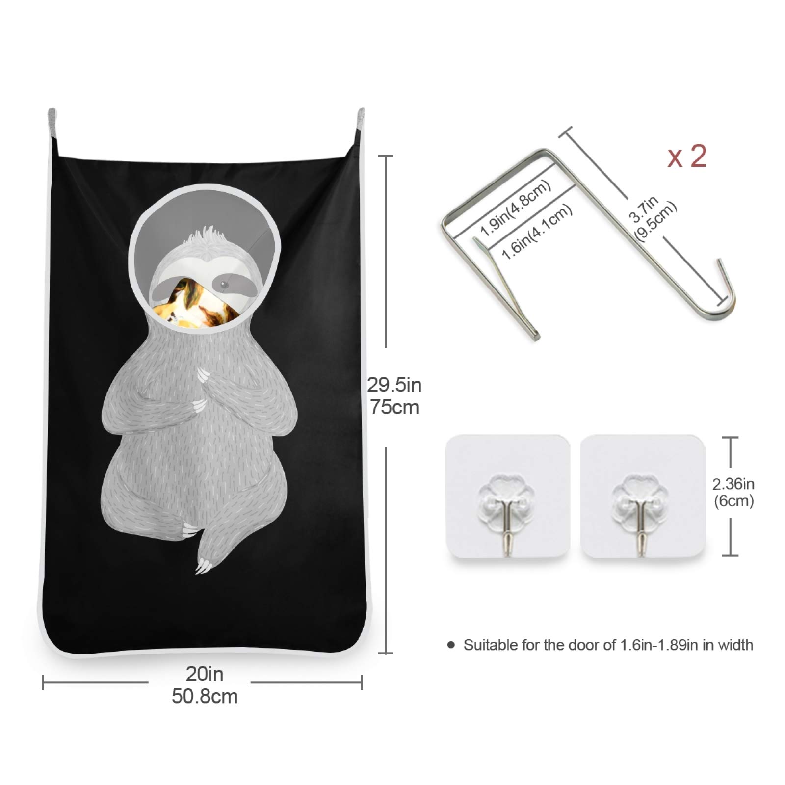 Grey Sloth Hanging Laundry Hamper Bag - 1PC Over The Door Clothes Storage with Hooks for Bathroom, Bedroom & College Dorm | Space-Saving Dirty Clothes Basket for Wall or Closet Organization