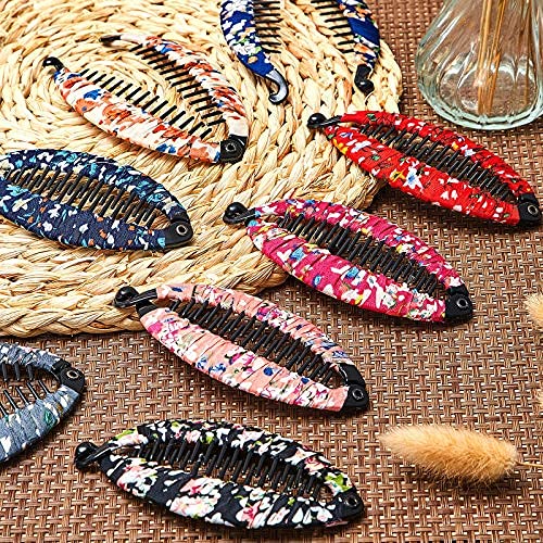 9-Piece Floral Bohemian Banana Hair Clips for Women & Girls - Fish Shape Hair Claws with Wrapped Cloth - 5.3 x 2.4 Inch Hair Accessories for Party, Wedding & Everyday Style