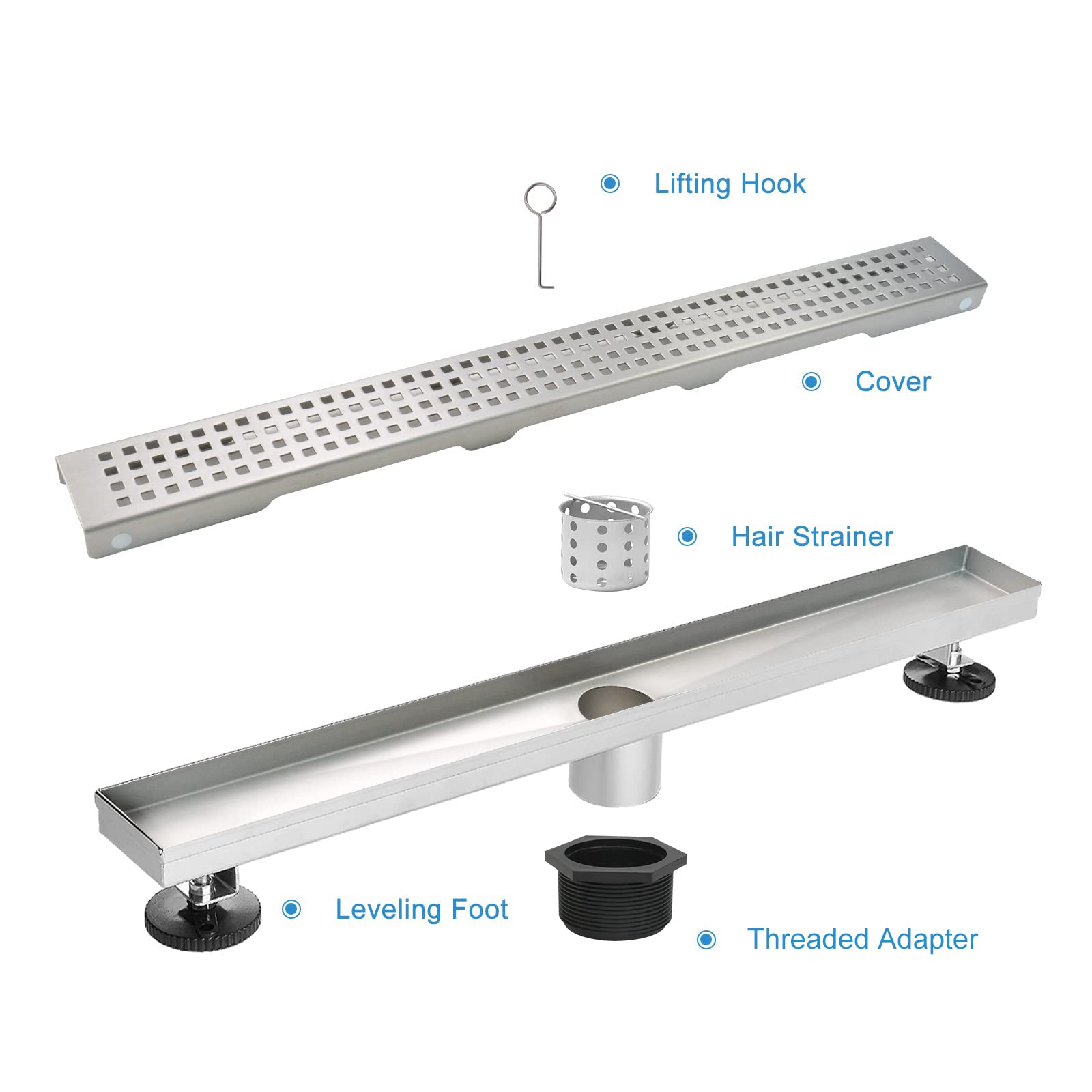 **28 Inch Linear Shower Drain - AISI 304 Stainless Steel with Removable Grate & Hair Catcher - Adjustable Leveling Feet for Bathroom & Wet Room Installation**    *(Perfect for Modern Walk-in Showers, Spa Bathrooms & Wet Room Designs)*