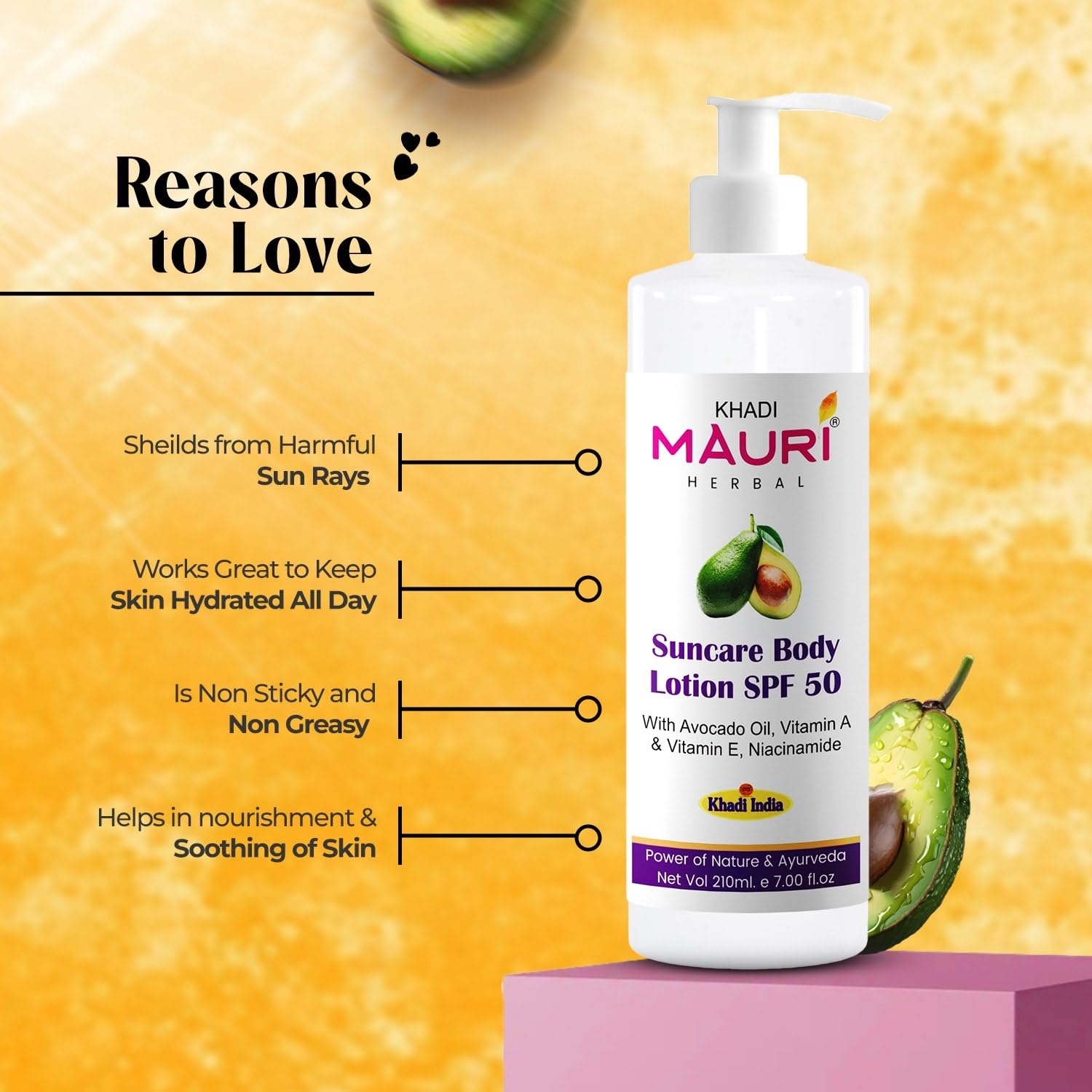 Khadi Mauri Herbal Suncare Body Lotion SPF 50 - Broad Spectrum Sunscreen with Avocado Oil, Vitamin A, E & Niacinamide | Hydrating & Nourishing Skin Care for Dry Skin | 210 ml | Perfect for Beach, Pool & Outdoor Activities