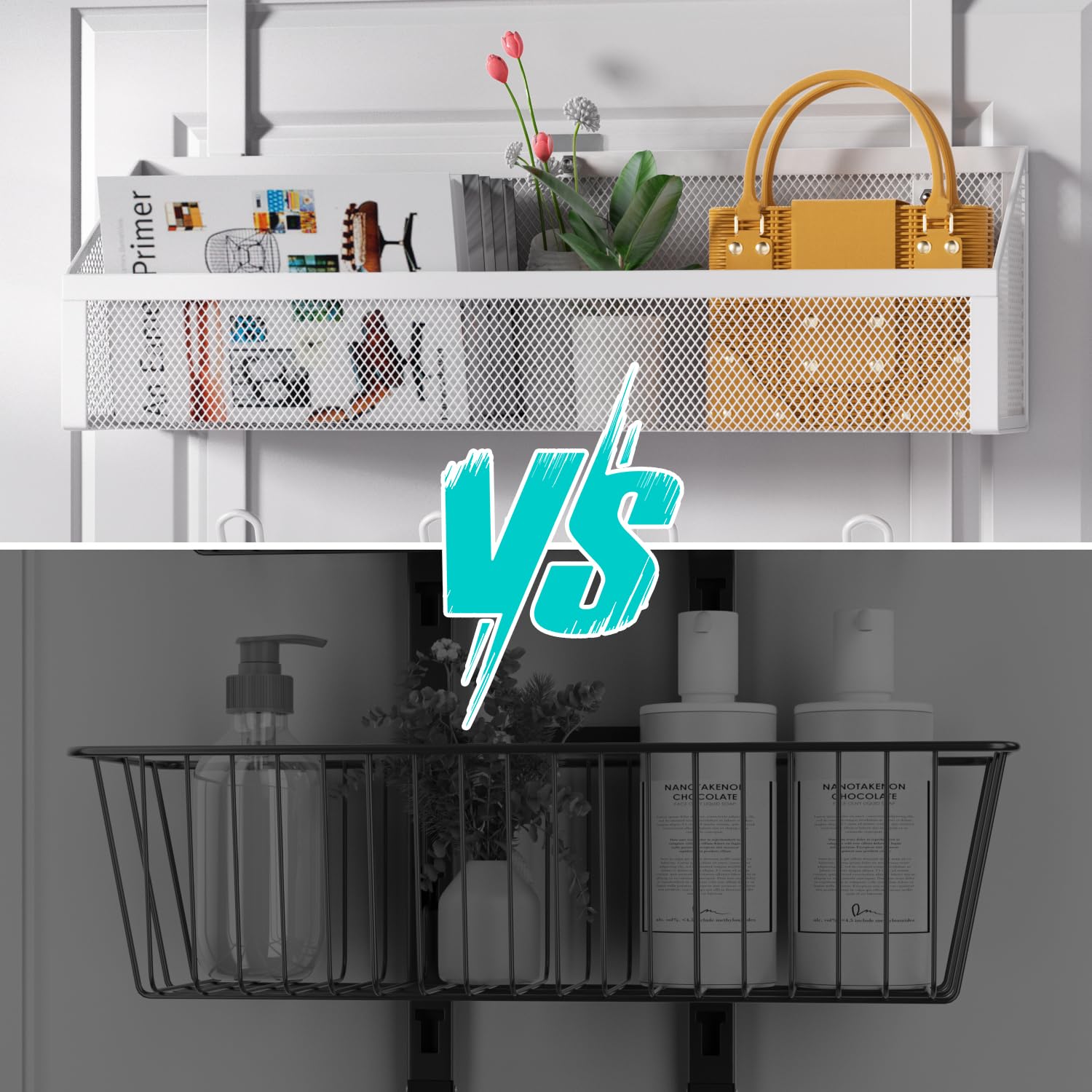 12-Pack Over The Door Hooks Organizer with Mesh Basket - Space Saving Storage Rack for Bedroom, Bathroom, Kitchen & Pantry - Perfect for Towels, Robes, Hats & Accessories (White)