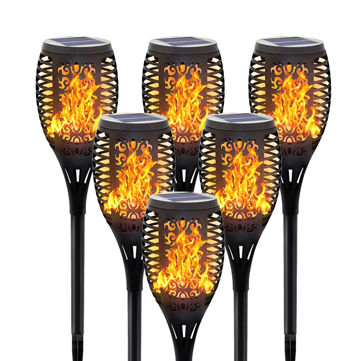 Upgraded 6 Pack Solar Torch Lights - Waterproof LED Solar Garden Lights with Realistic Dancing Flickering Flames for Halloween, Pathway, Yard & Outdoor Decoration - Auto On/Off - Perfect for Patio, Lawn, Deck & Landscape Lighting