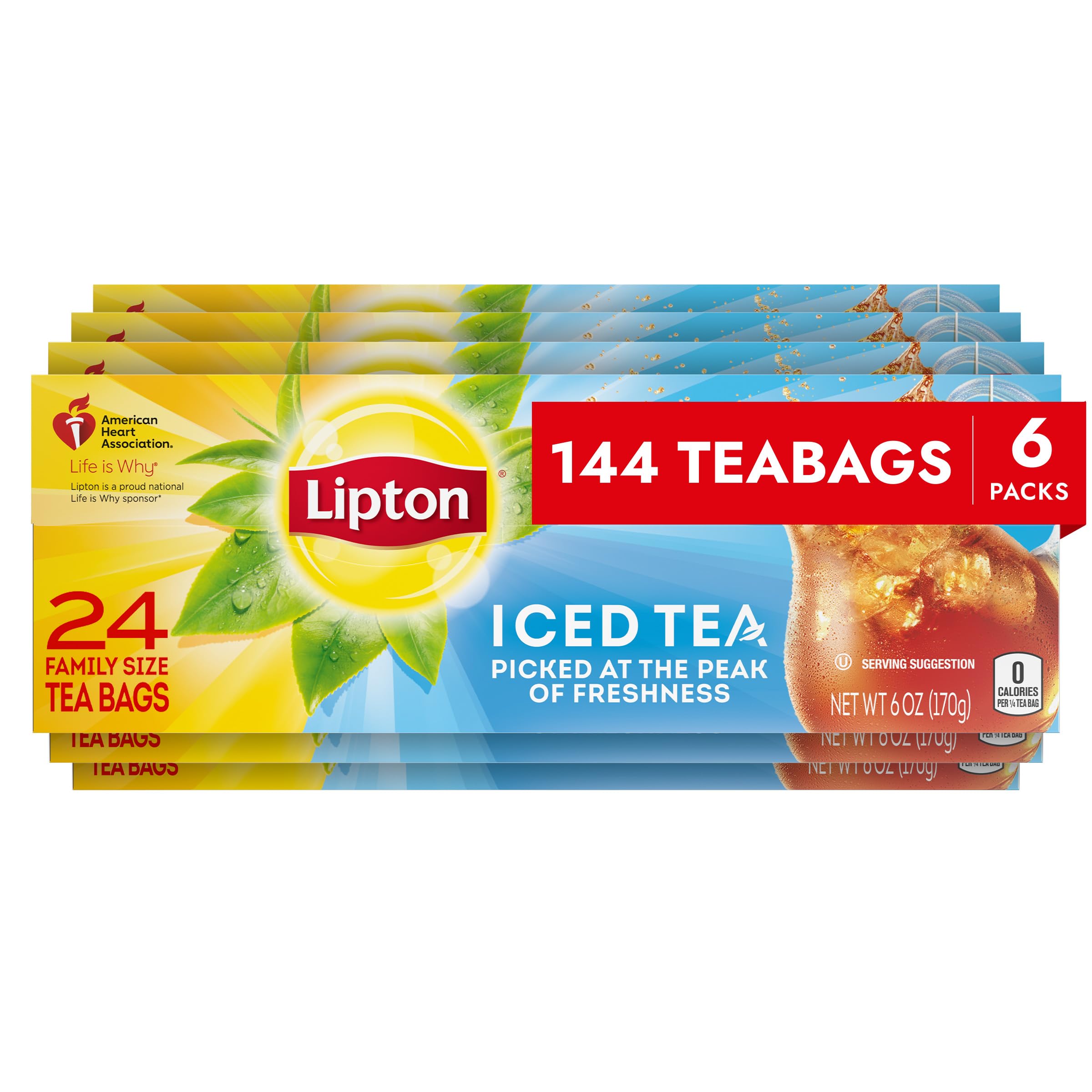 Lipton Unsweetened Iced Tea Bags - Family Size (144 Count) | Zero Calories, No Sugar | 24ct Pack of 6 | Perfect for Summer Picnics, Office Refreshment & Healthy Hydration