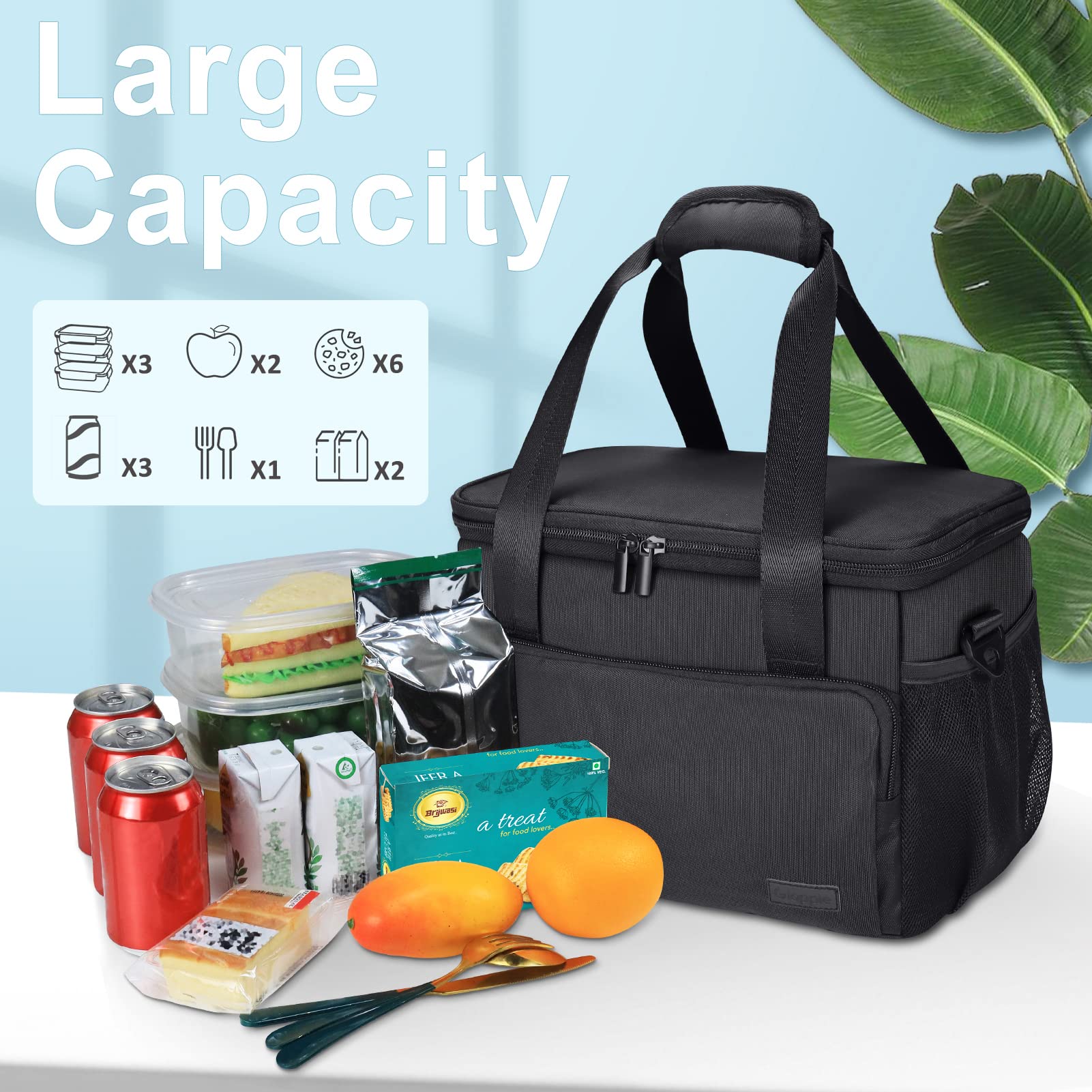 Gloppie Insulated Lunch Bag for Adults - Reusable Thermal Lunch Box for Men & Women - Perfect for Work, Office, Picnics & Outdoor Activities - Black
