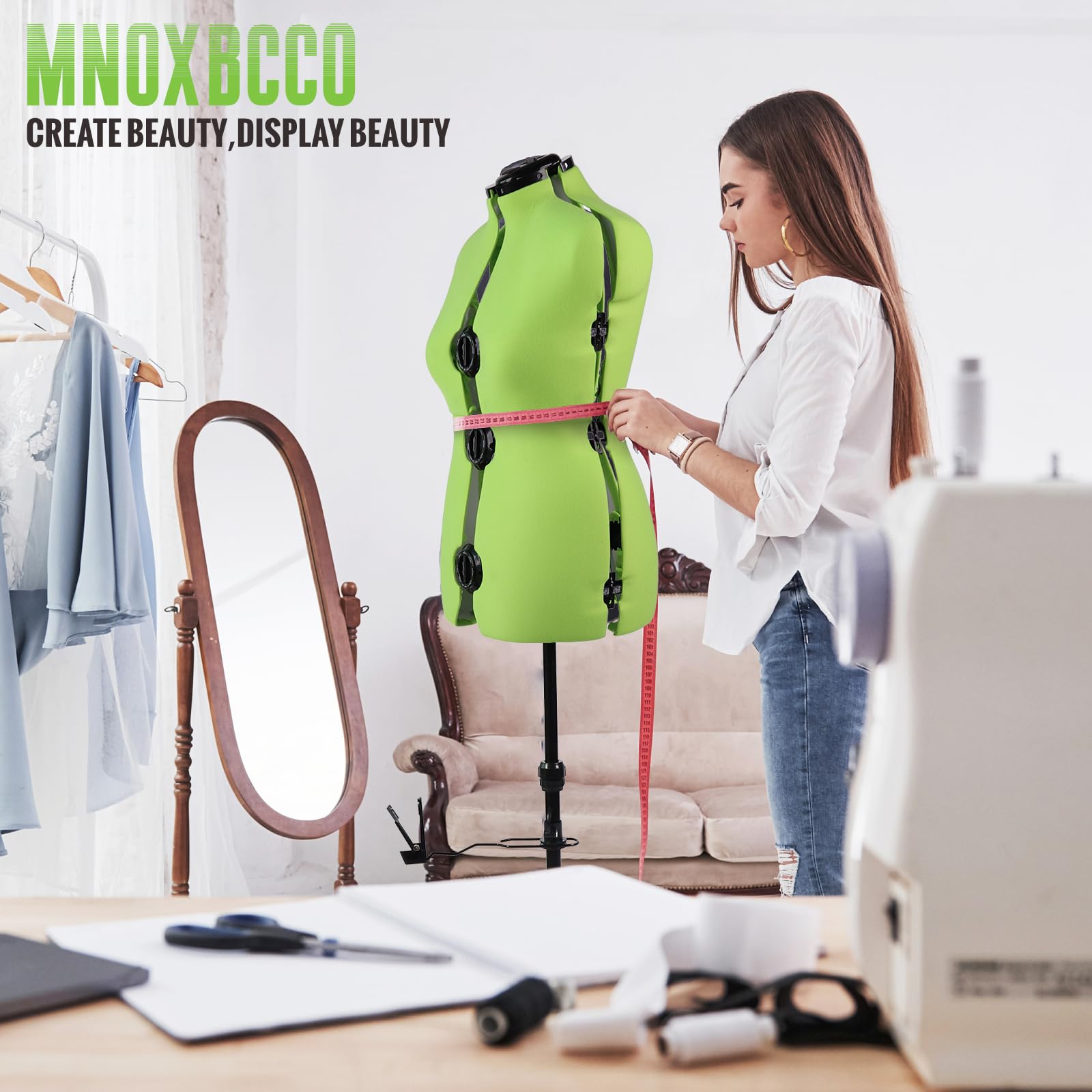 Adjustable Dress Form for Sewing - Neon Green Female Mannequin Size 12-18, Pin-able Body with 13 Dials & 360° Hem Guide, Height Adjustable up to 75
