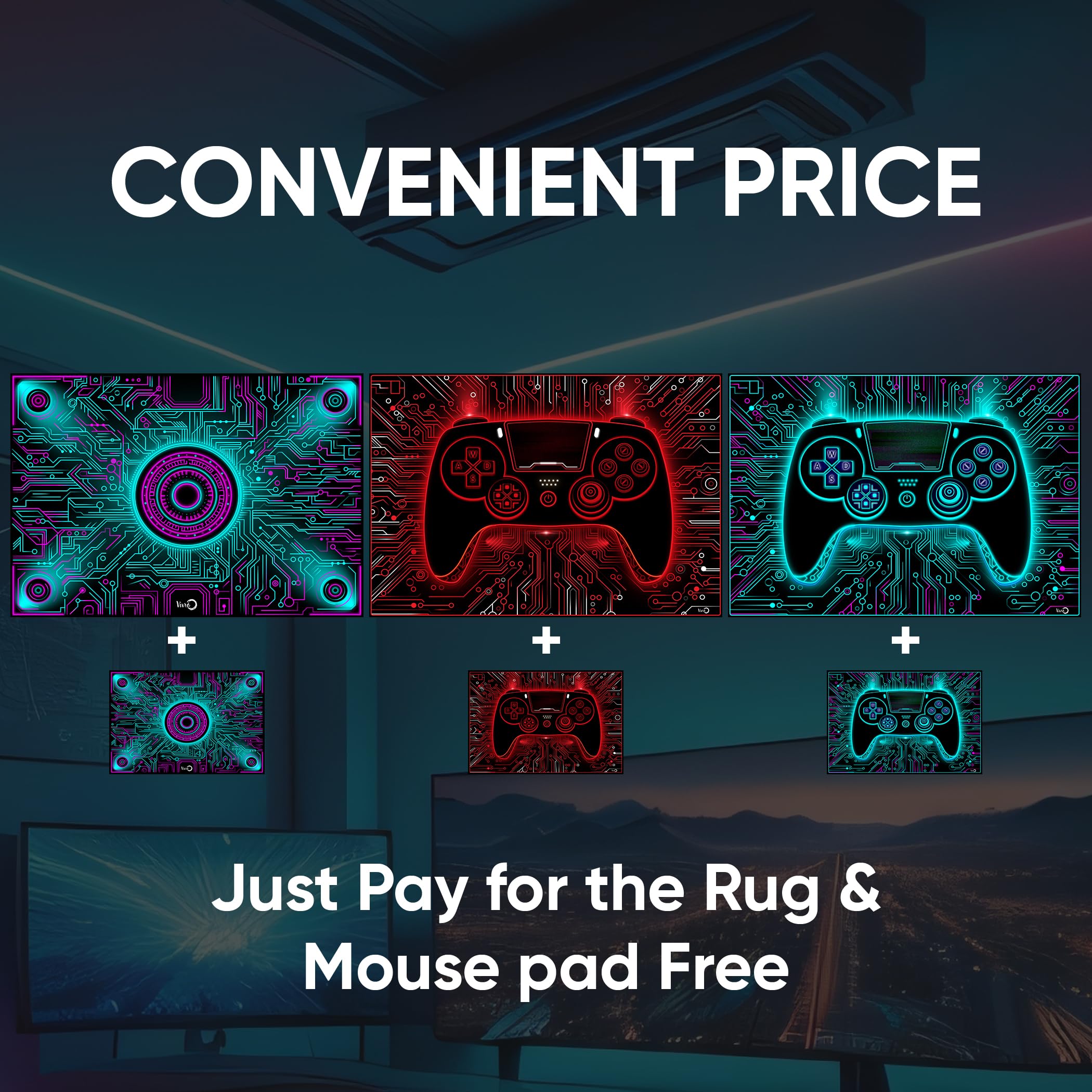 Gaming Rug and Mouse Pad Set - Circuit Design Gamer Carpet, Game Room Rug, Video Game Mat for PC, Console, and Esports Setup