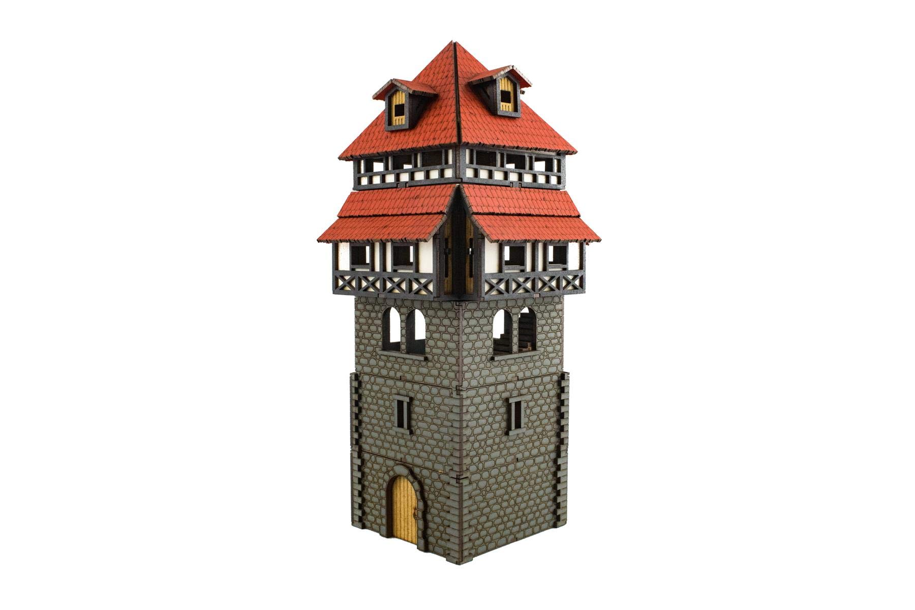 28mm Medieval Town Guard Tower Painted - Fantasy Wargame Terrain Model for D&D, Warhammer & Tabletop RPG Scenery