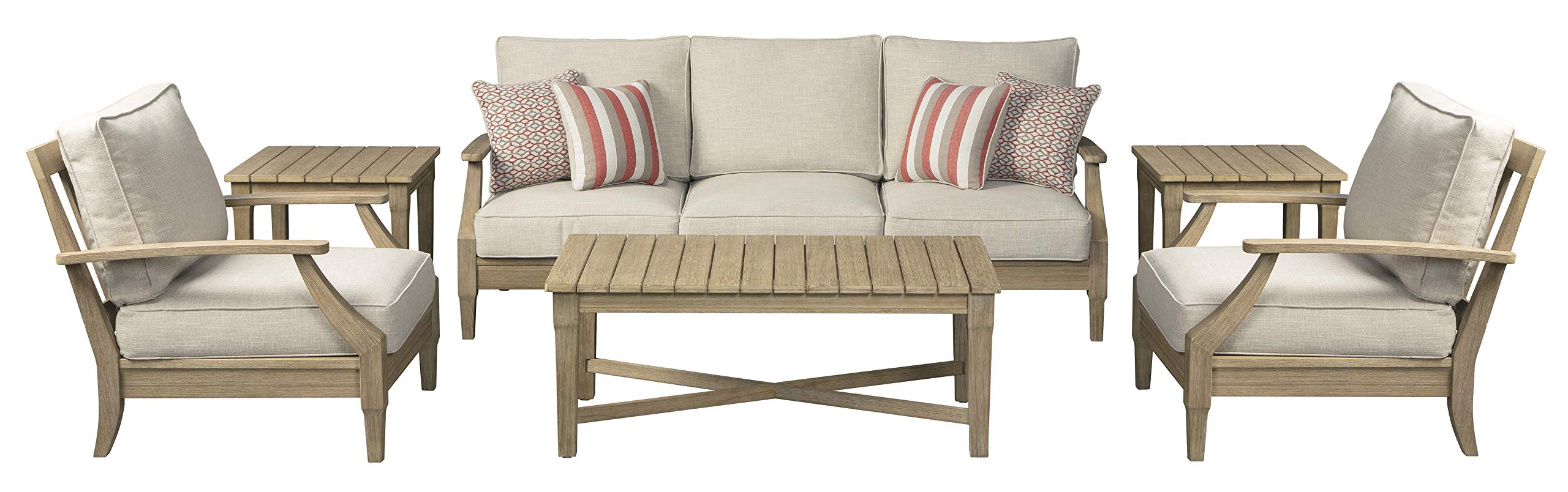 Signature Design by Ashley Clare View Eucalyptus Loveseat & Gerianne Outdoor Square End Table Set with Cushioned Lounge Chair - Beige Patio Furniture for Garden, Poolside & Backyard Relaxation