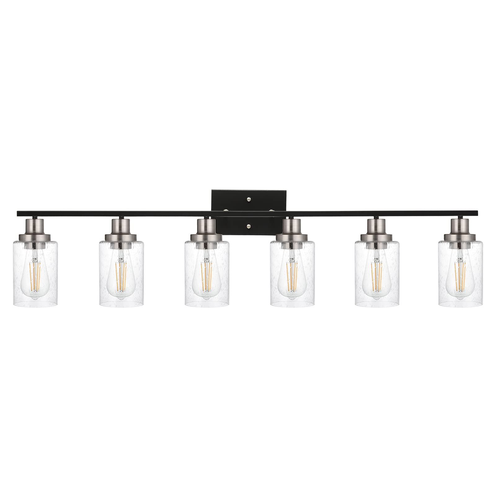 MELUCEE 6-Light 45.3 Inch Modern Bathroom Vanity Light Fixture with Seeded Glass Shade - Classic Black Wall Mount Lighting in Brushed Nickel Finish - Perfect for Bathroom, Powder Room, Kitchen & Dressing Area Lighting