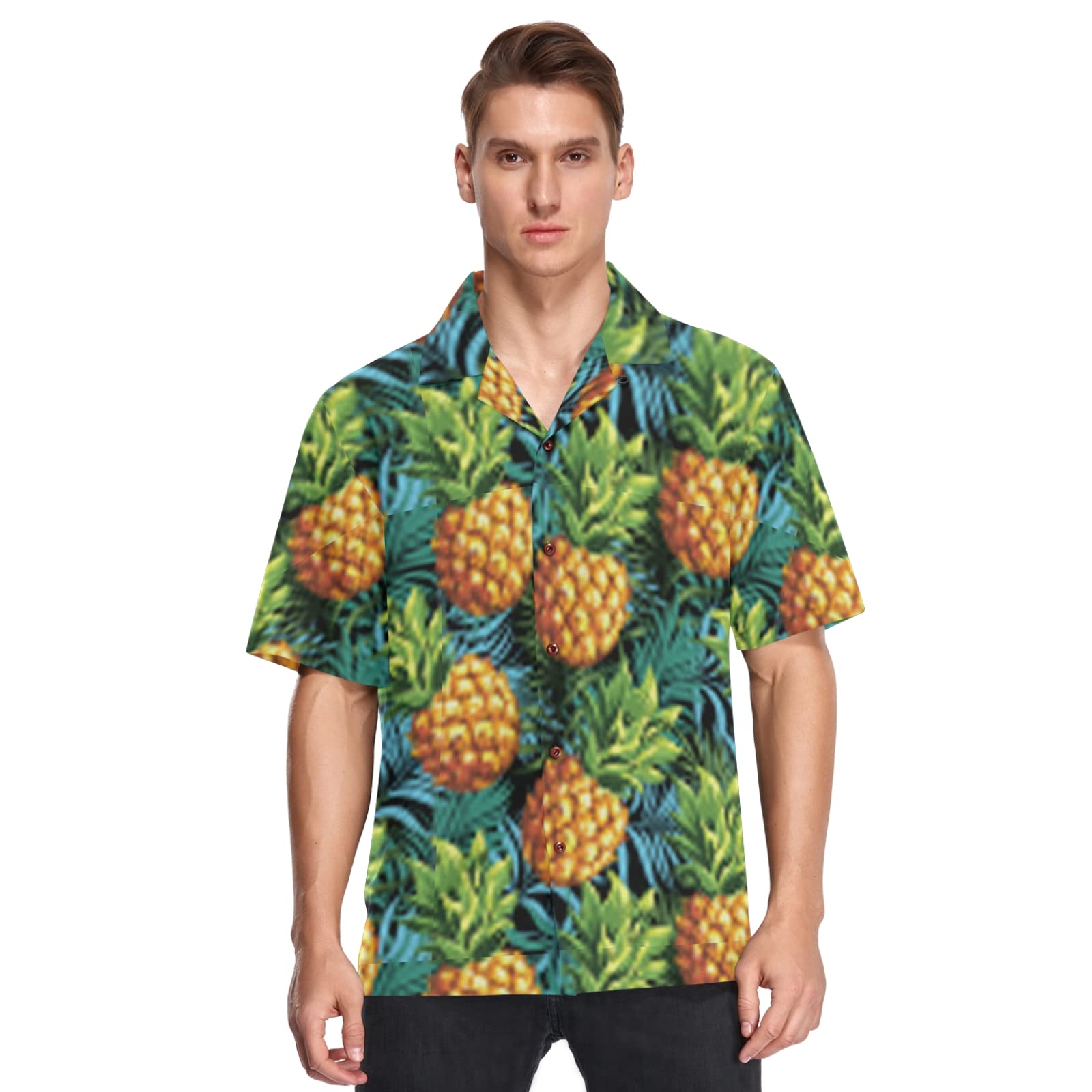 Tropical Palm Leaf Pineapple Men's Hawaiian Shirt - Breathable Casual Button Down Shirt for Summer Beach Vacation, Luau Party & Tropical Getaway (Size S)