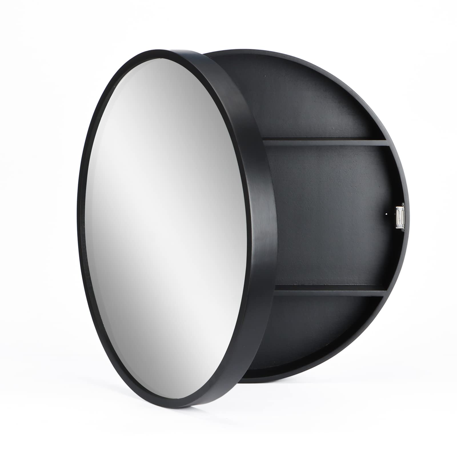 Black Wooden Frame Slow-Close Round Bathroom Mirror Cabinet - 3-Tier Wall Storage & Medicine Cabinet (50cm) - Perfect for Small Bathrooms, Vanity Organizers & Modern Home Decor