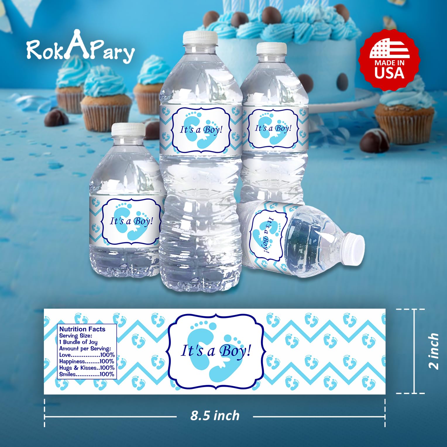 25 Its a Boy Blue Footprints Baby Shower Water Bottle Labels - Waterproof Party Decorations for Baby Showers, Gender Reveals & Newborn Celebrations - Made in USA