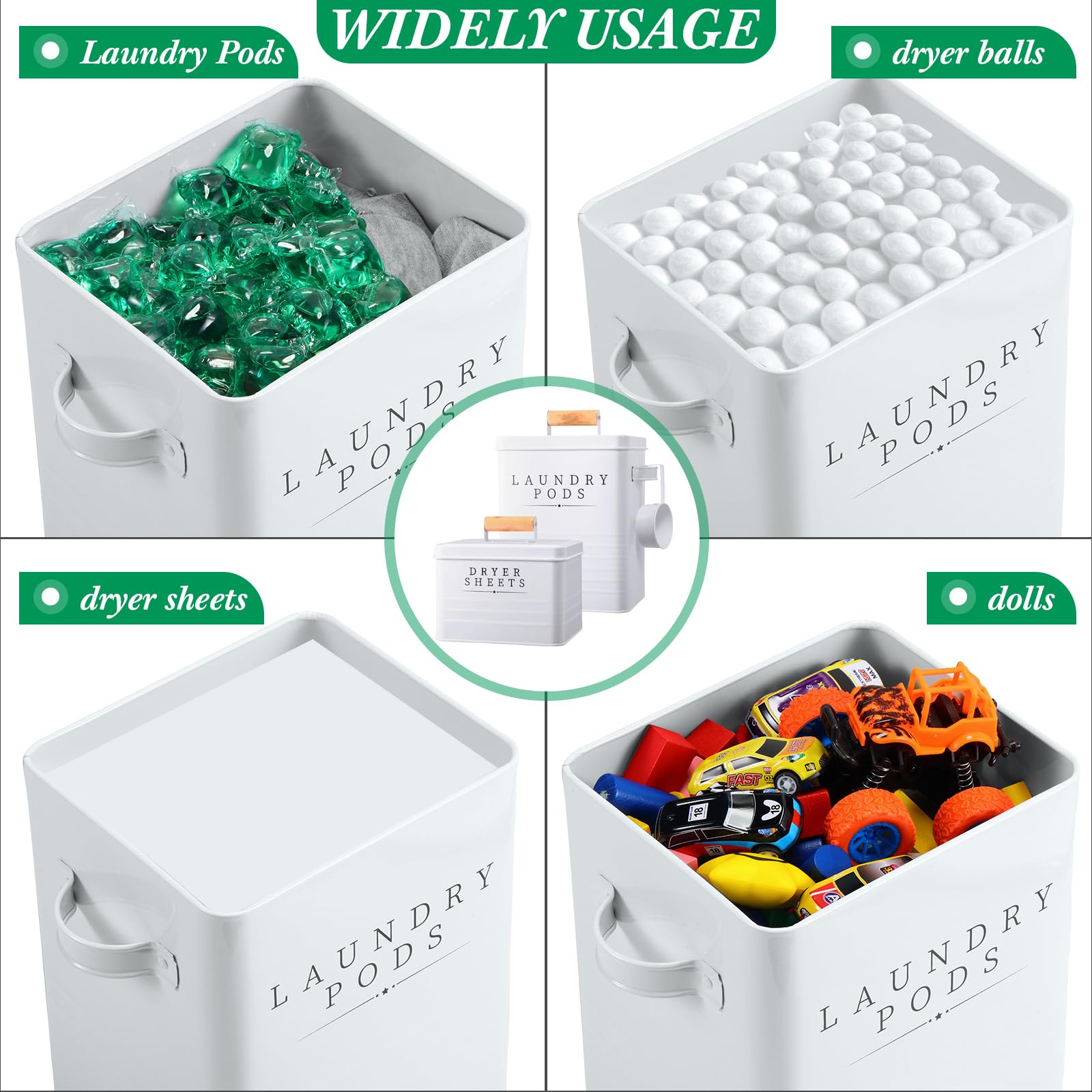 2-Pack White Metal Laundry Pod Container with Dryer Sheet Holder - Farmhouse Style Laundry Room Organizer, Detergent Storage Box with Lid & Handle - Perfect for Laundry Room Decor & Clothes Drying Organization