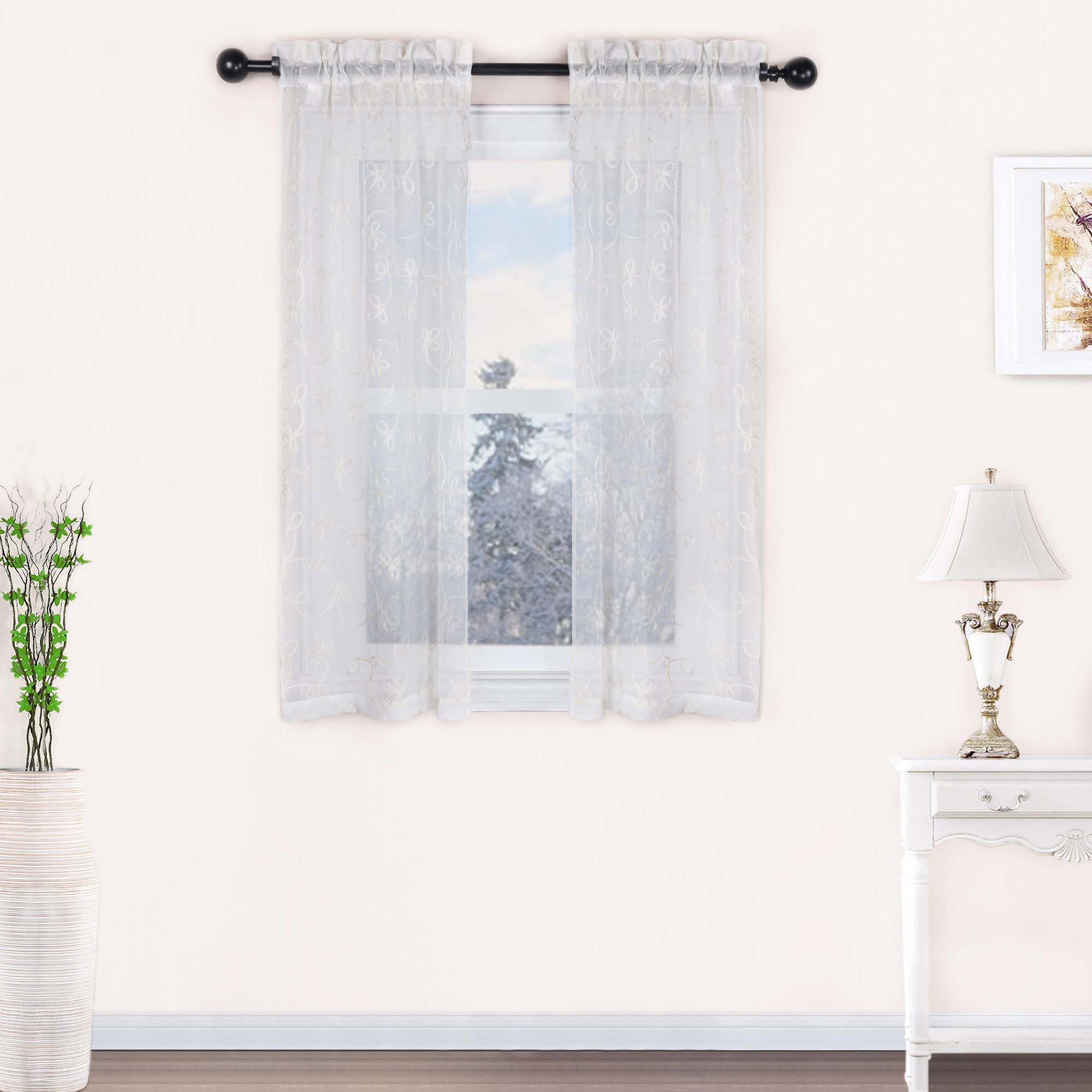 Embroidered Lightweight Sheer Floral Scroll Curtain Panel Set - Elegant Window Treatment for Living Room, Bedroom & Nursery Decor