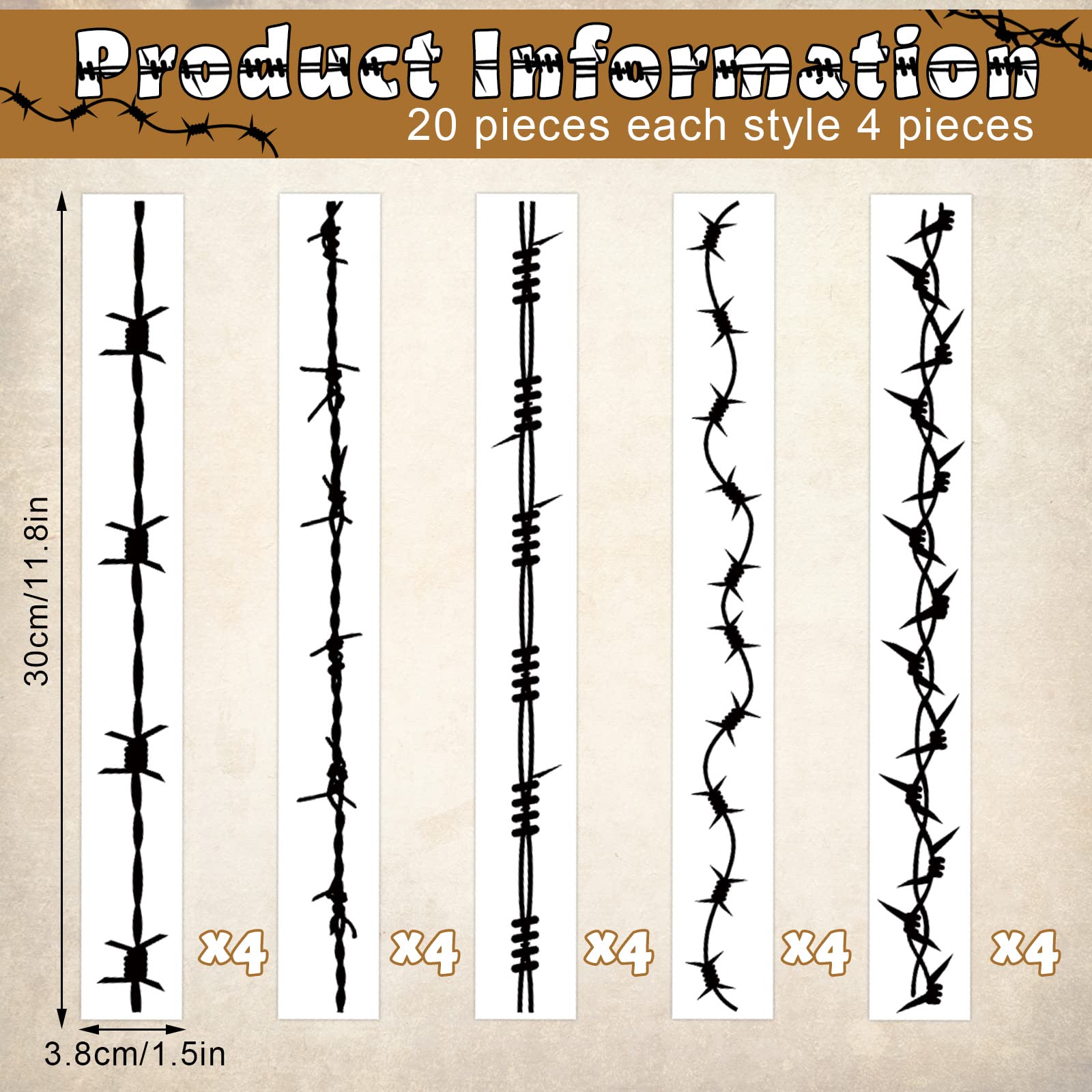 20 Pcs Barbed Wire Temporary Tattoos - Fake Removable Arm Stickers for Men, Women & Kids - Halloween Costume & Body Art Supplies - Perfect for Parties, Cosplay and Festivals