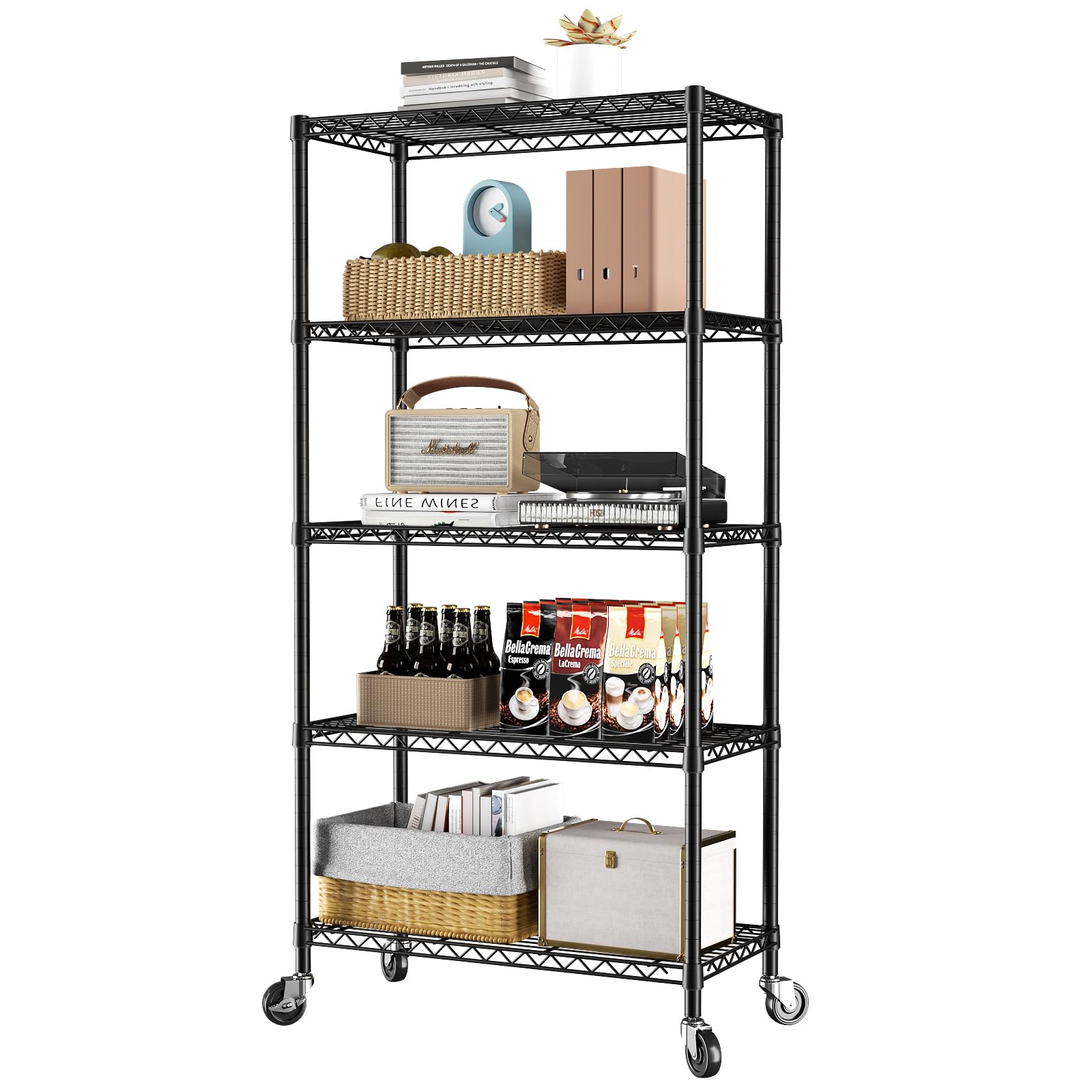 SINGAYE 5-Tier Heavy Duty Adjustable Metal Storage Shelves with Wheels - 14
