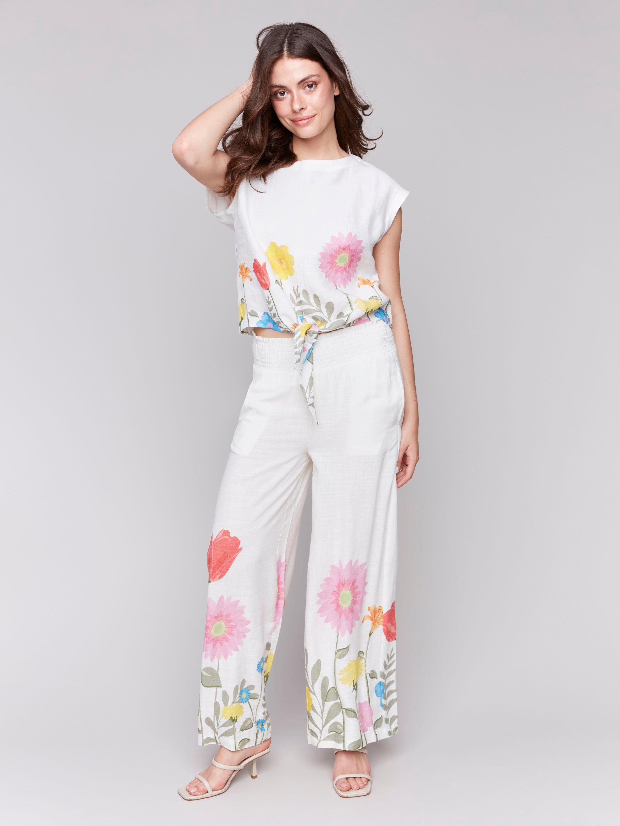 Printed Linen Blend Tie Front Blouse for Women | Summer Short Sleeve Tops | Casual Office Wear & Beach Outfits